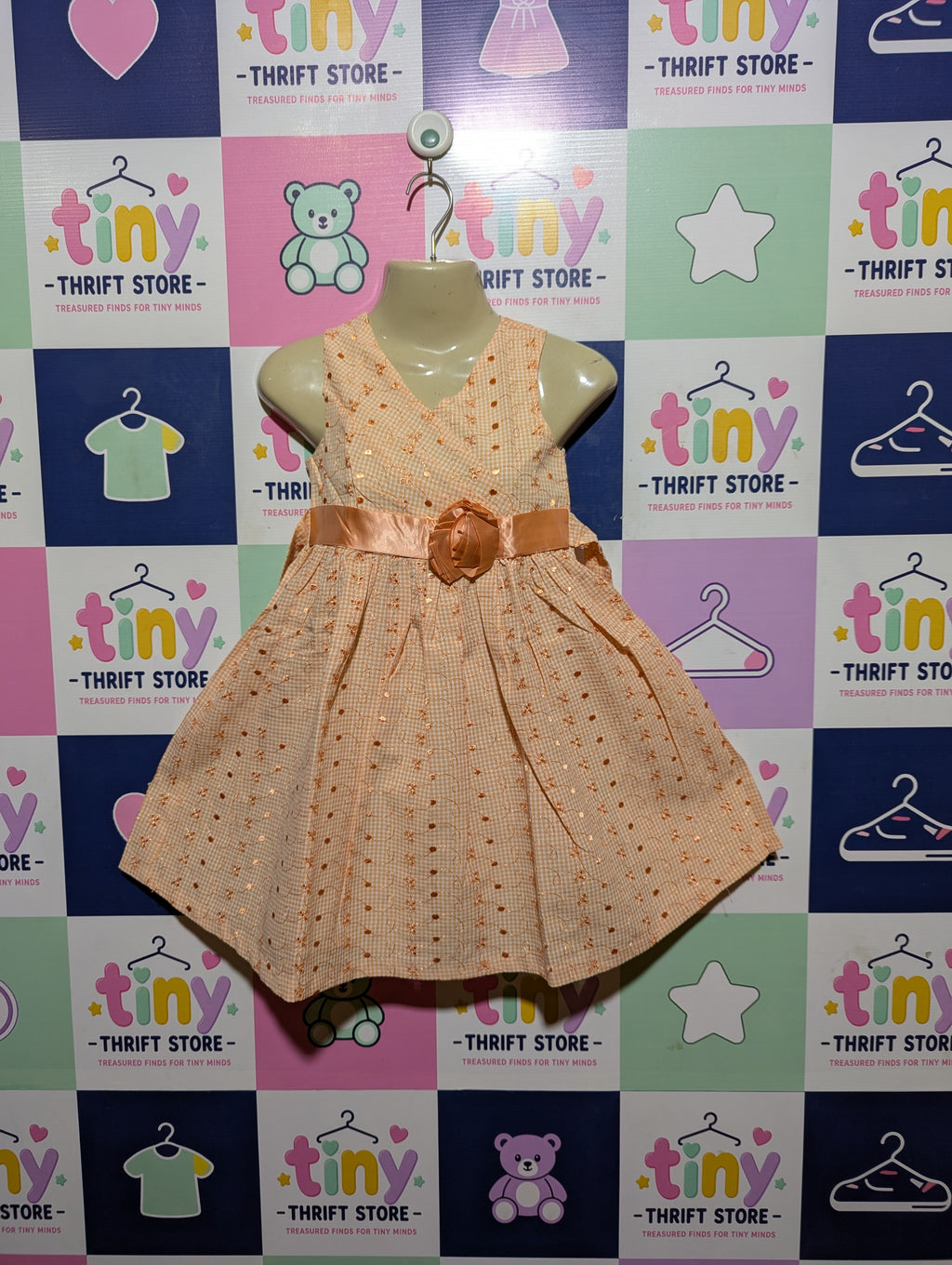 Bonnie Jean Girls Peach Gingham Floral Occasion Dress - Size 6 Estimated Age 6 Years AB2