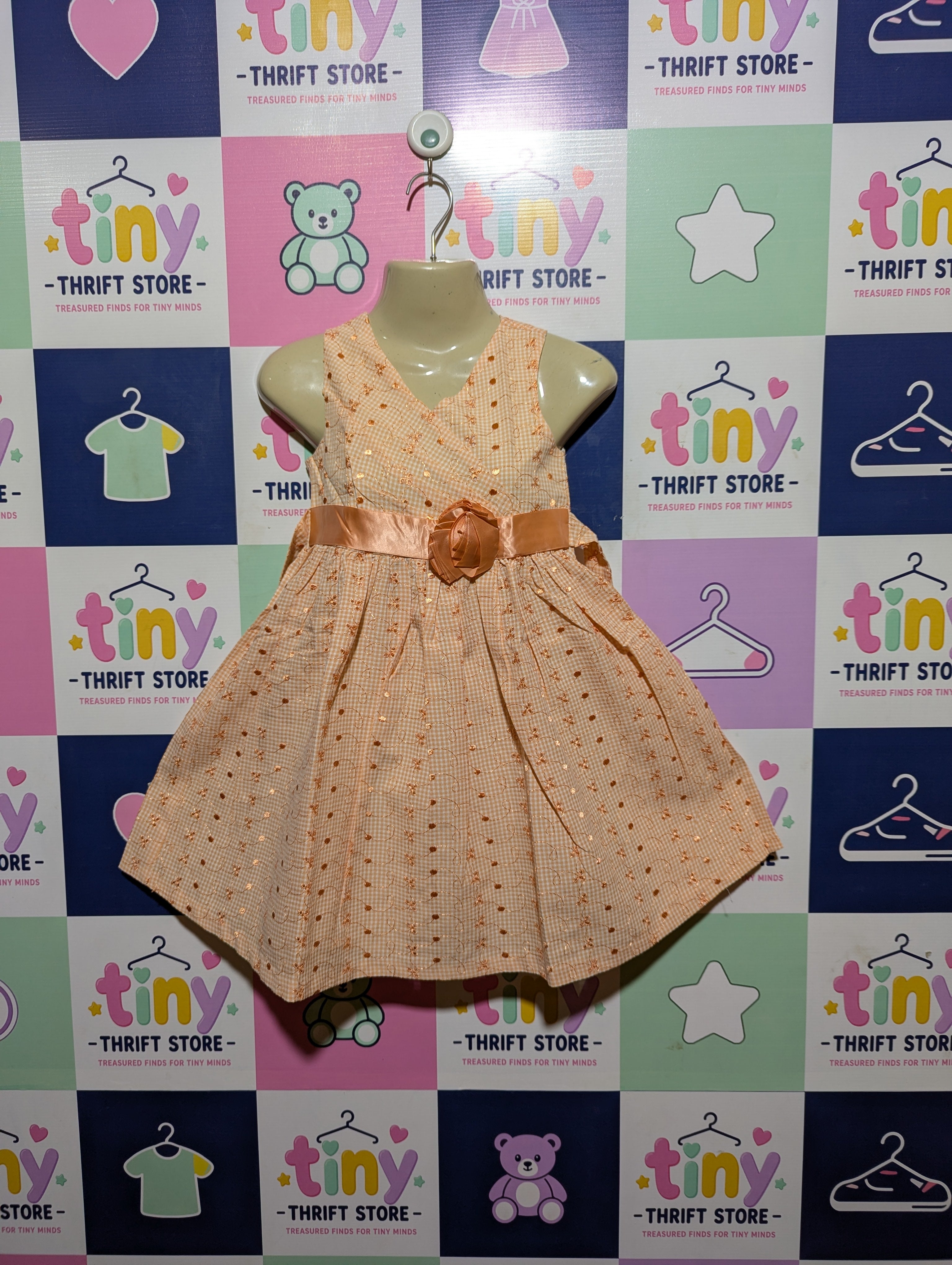 Bonnie Jean Girls Peach Gingham Floral Occasion Dress - Size 6 Estimated Age 6 Years AB2