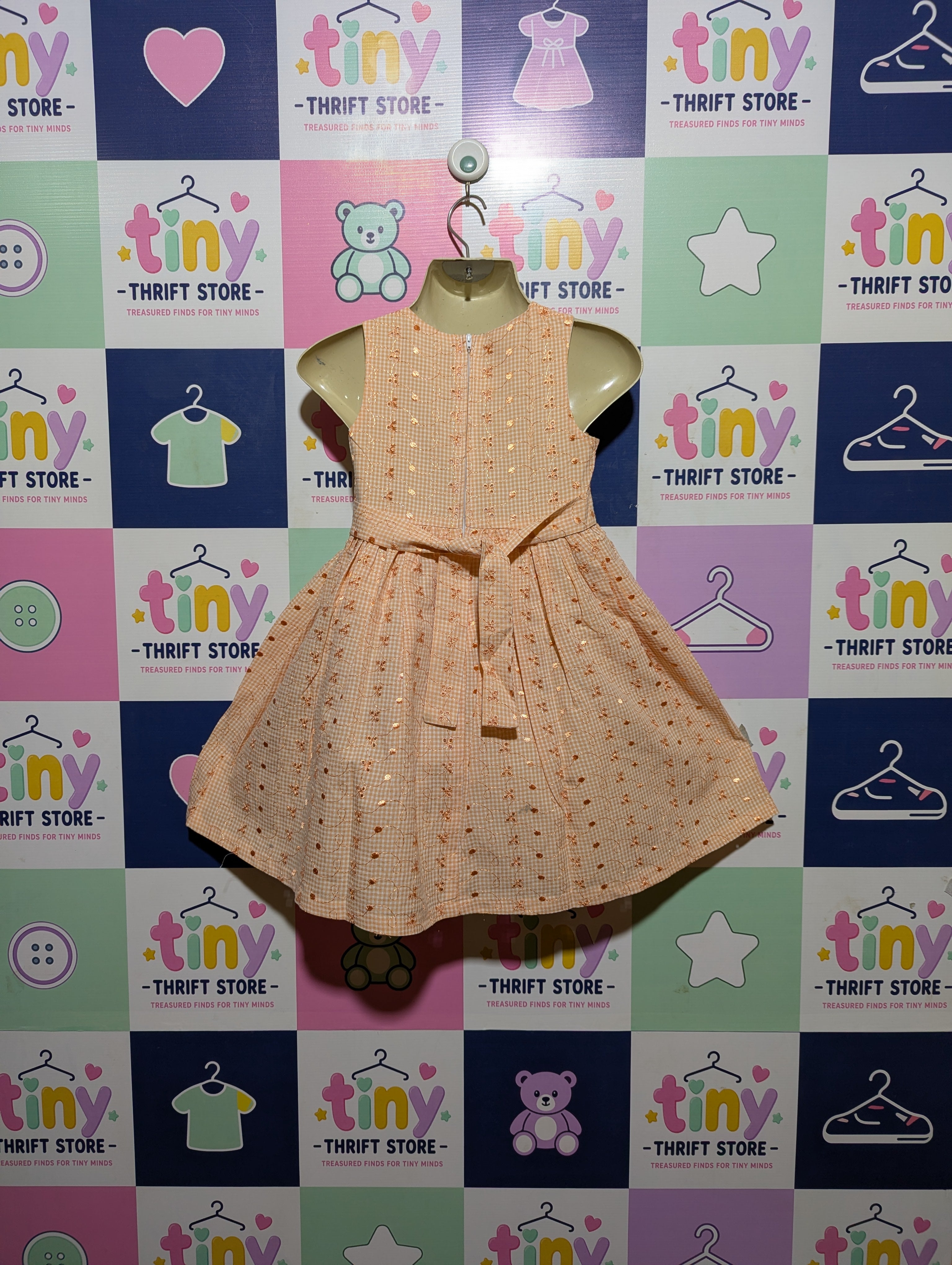 Bonnie Jean Girls Peach Gingham Floral Occasion Dress - Size 6 Estimated Age 6 Years AB2