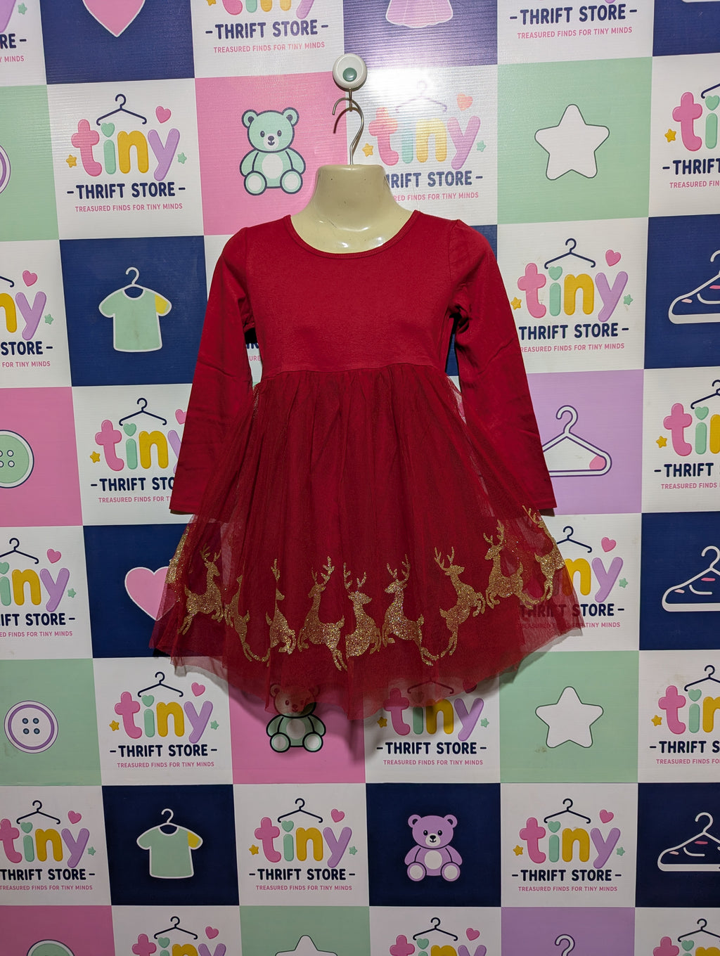 Wonder Nation Girls Red Festive Reindeer Tulle Dress - Size S (6-6X) Estimated Age 6 Years AB2