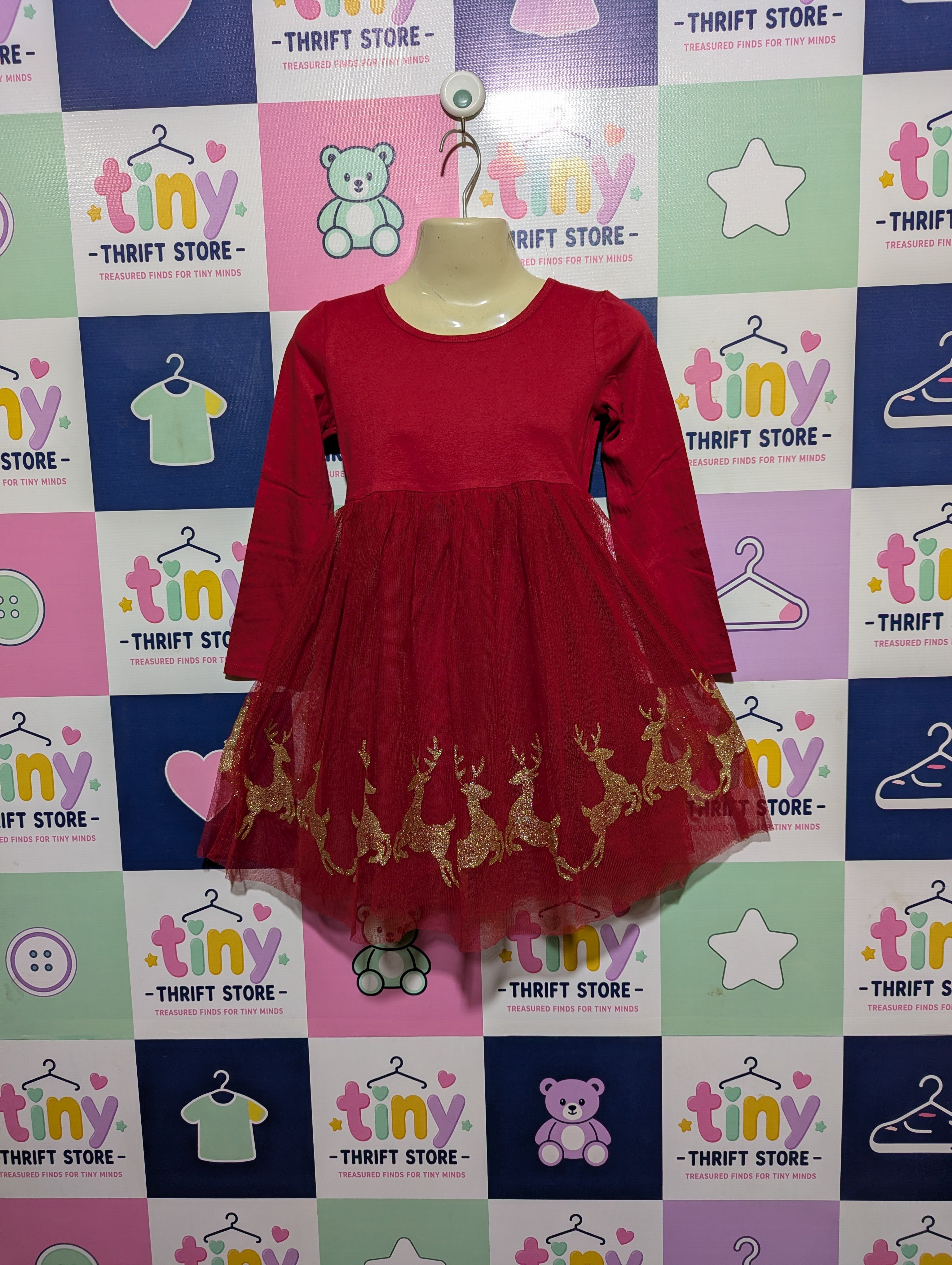Wonder Nation Girls Red Festive Reindeer Tulle Dress - Size S (6-6X) Estimated Age 6 Years AB2