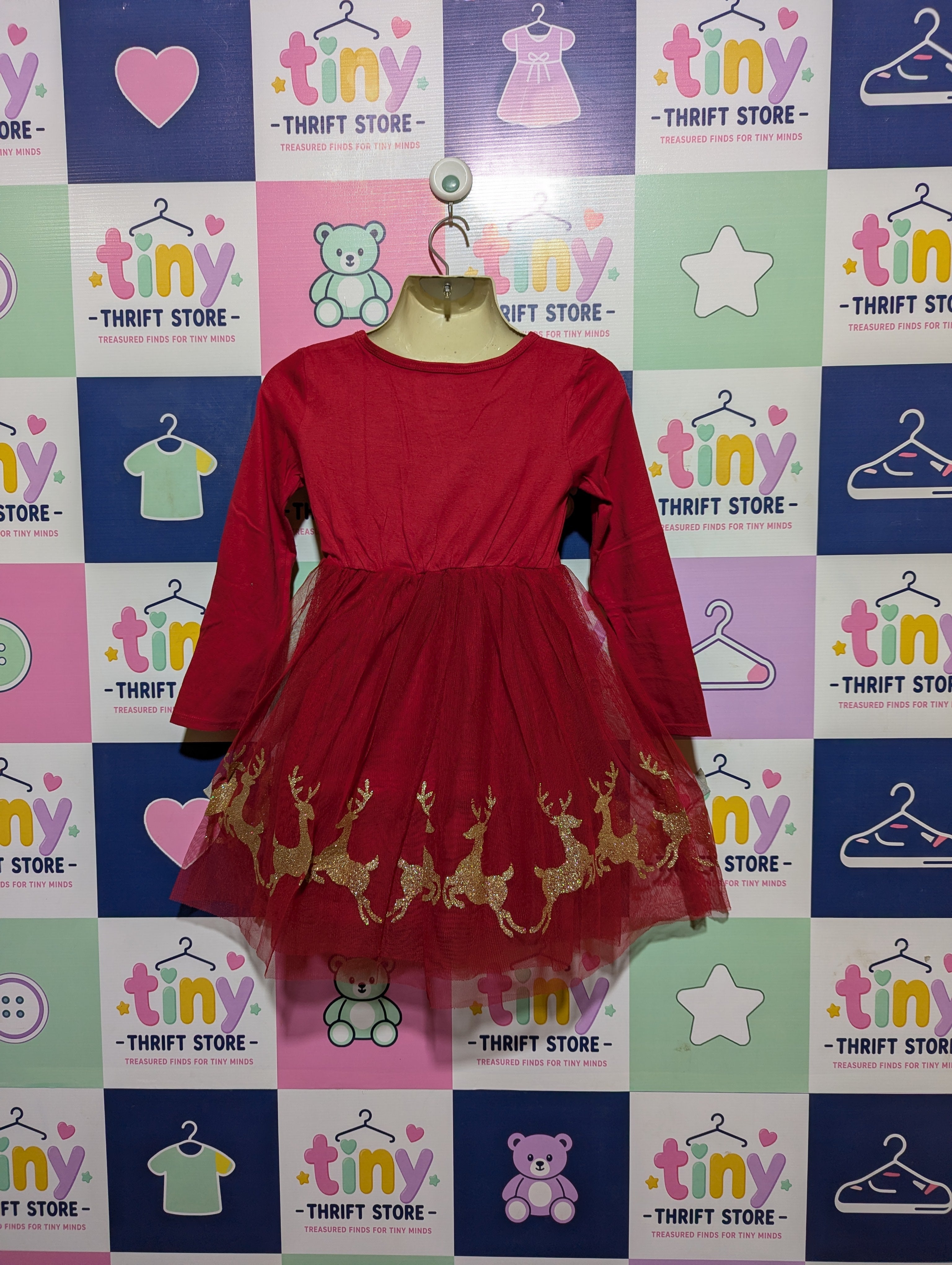 Wonder Nation Girls Red Festive Reindeer Tulle Dress - Size S (6-6X) Estimated Age 6 Years AB2