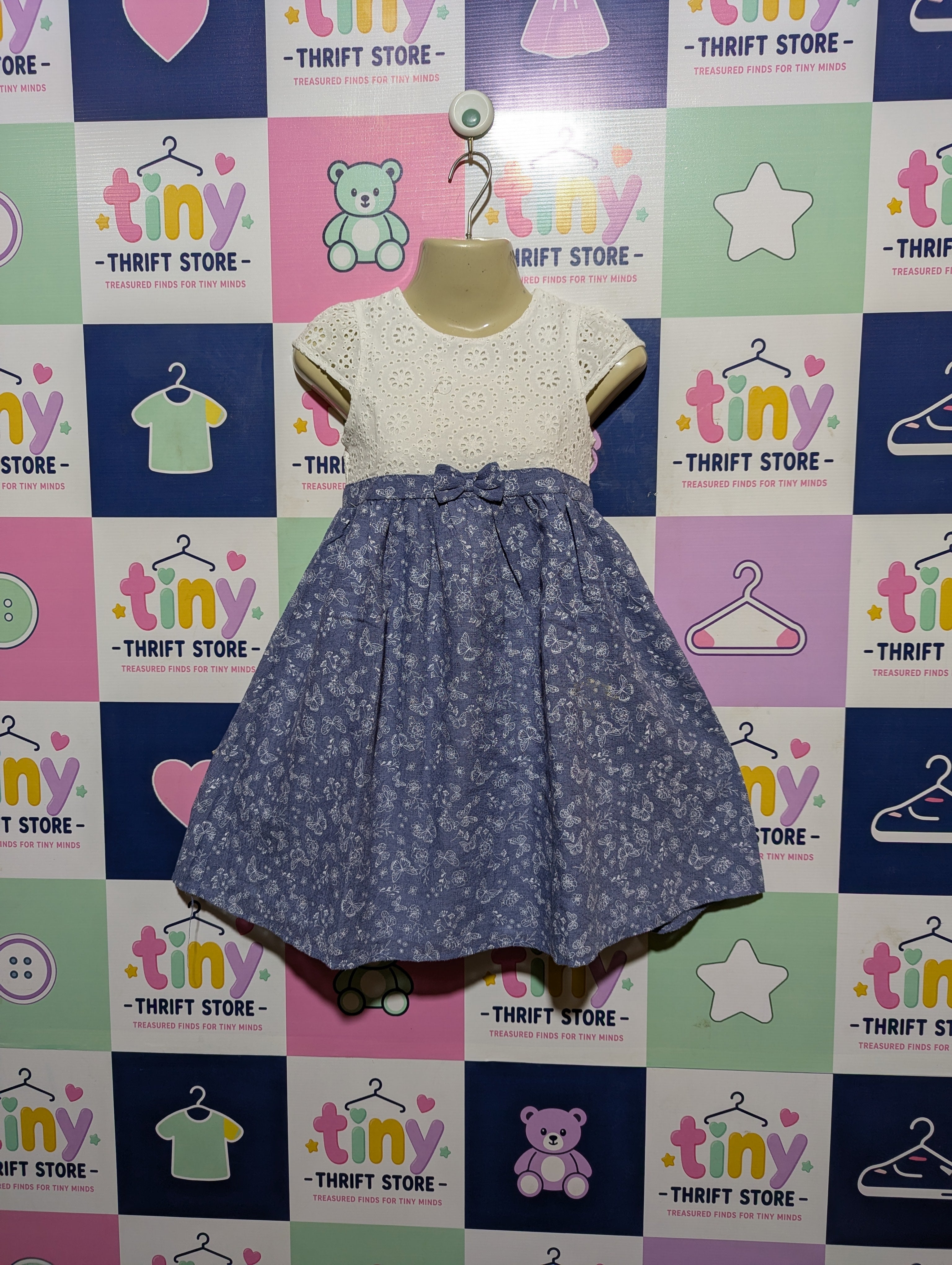 Topolino Girls White Eyelet and Blue Floral Dress - Size 116 Estimated Age 5-6 Years AB2