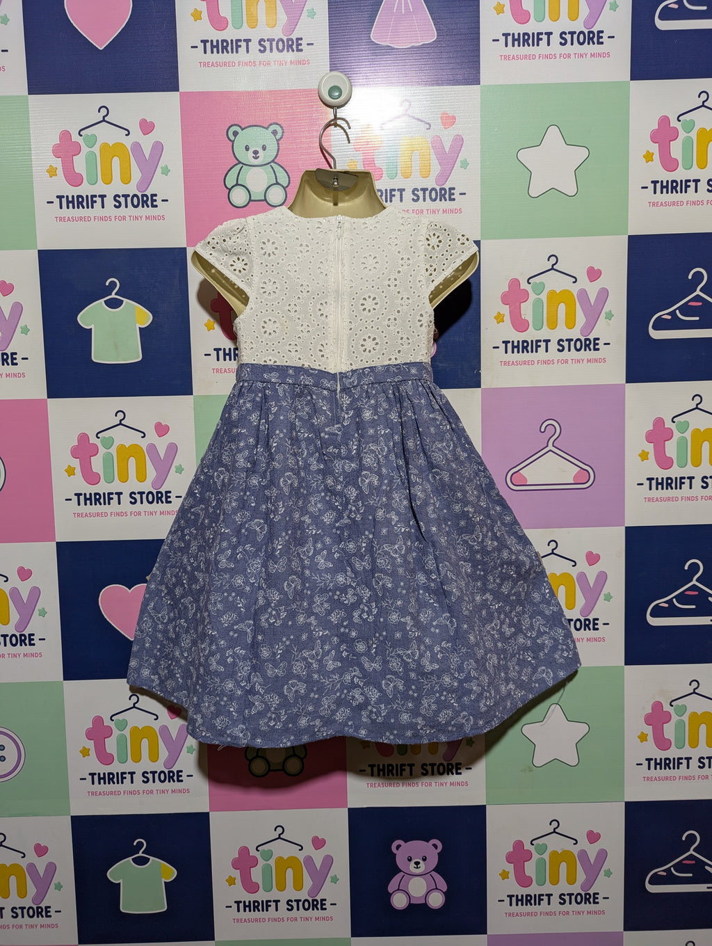 Topolino Girls White Eyelet and Blue Floral Dress - Size 116 Estimated Age 5-6 Years AB2
