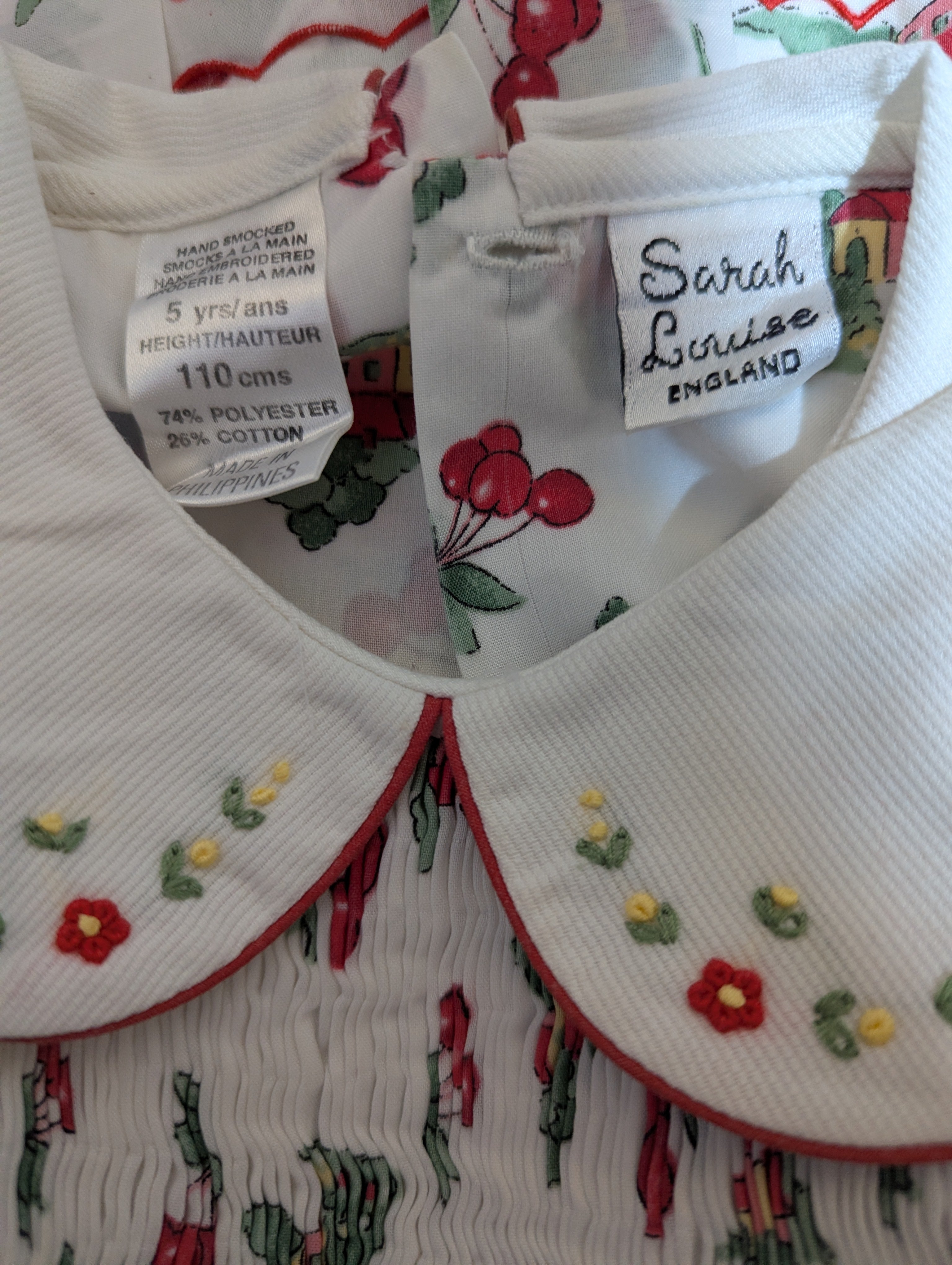 Sarah Louise Girls White Cherry Print Hand Smocked Dress - Size 5 Years Estimated Age 5 Years AB2