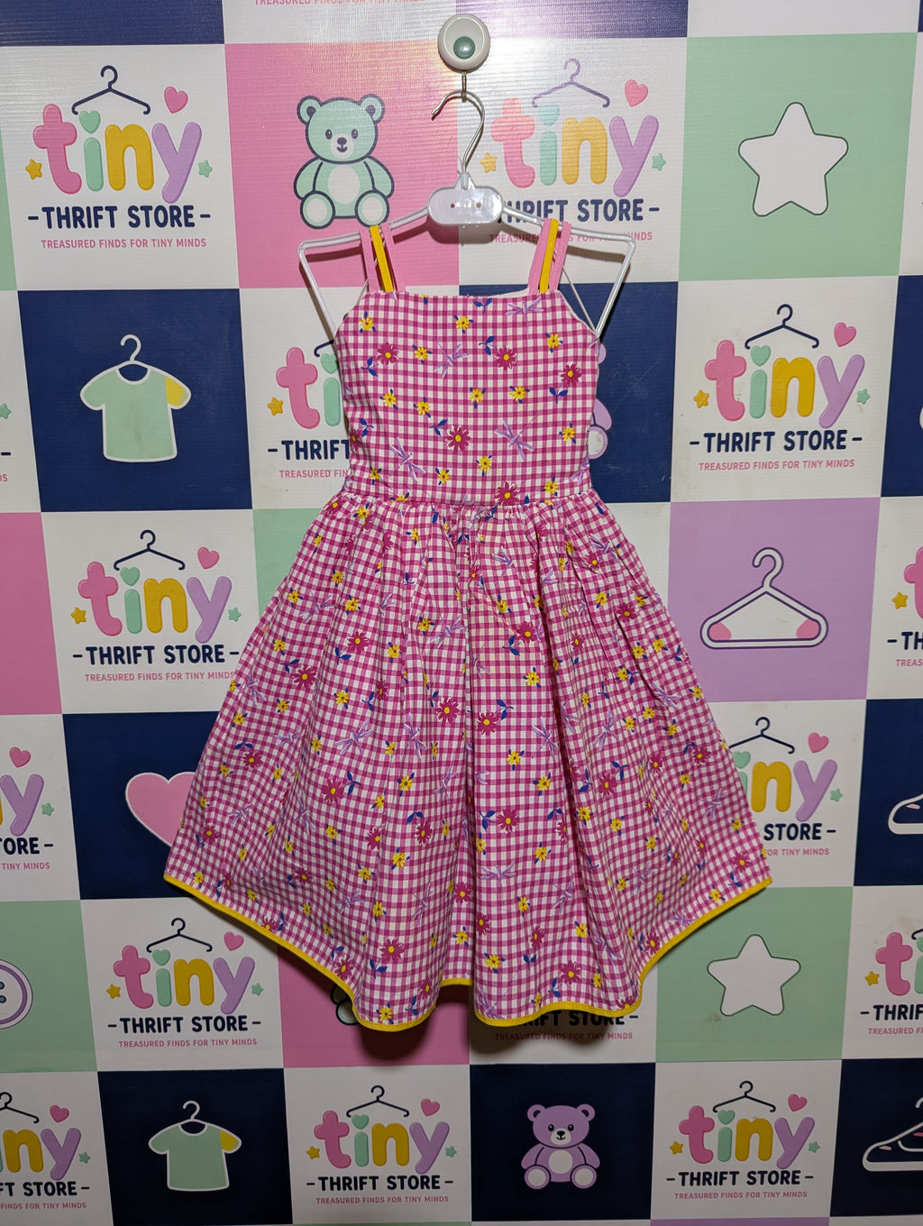 Girls Pink and White Gingham Floral Sundress - Estimated Age 5-6 Years AB2