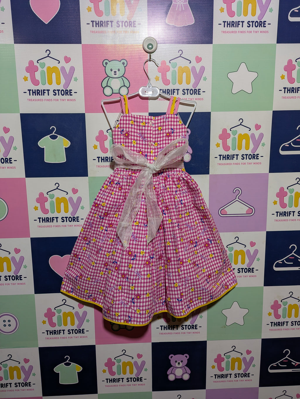 Girls Pink and White Gingham Floral Sundress - Estimated Age 5-6 Years AB2