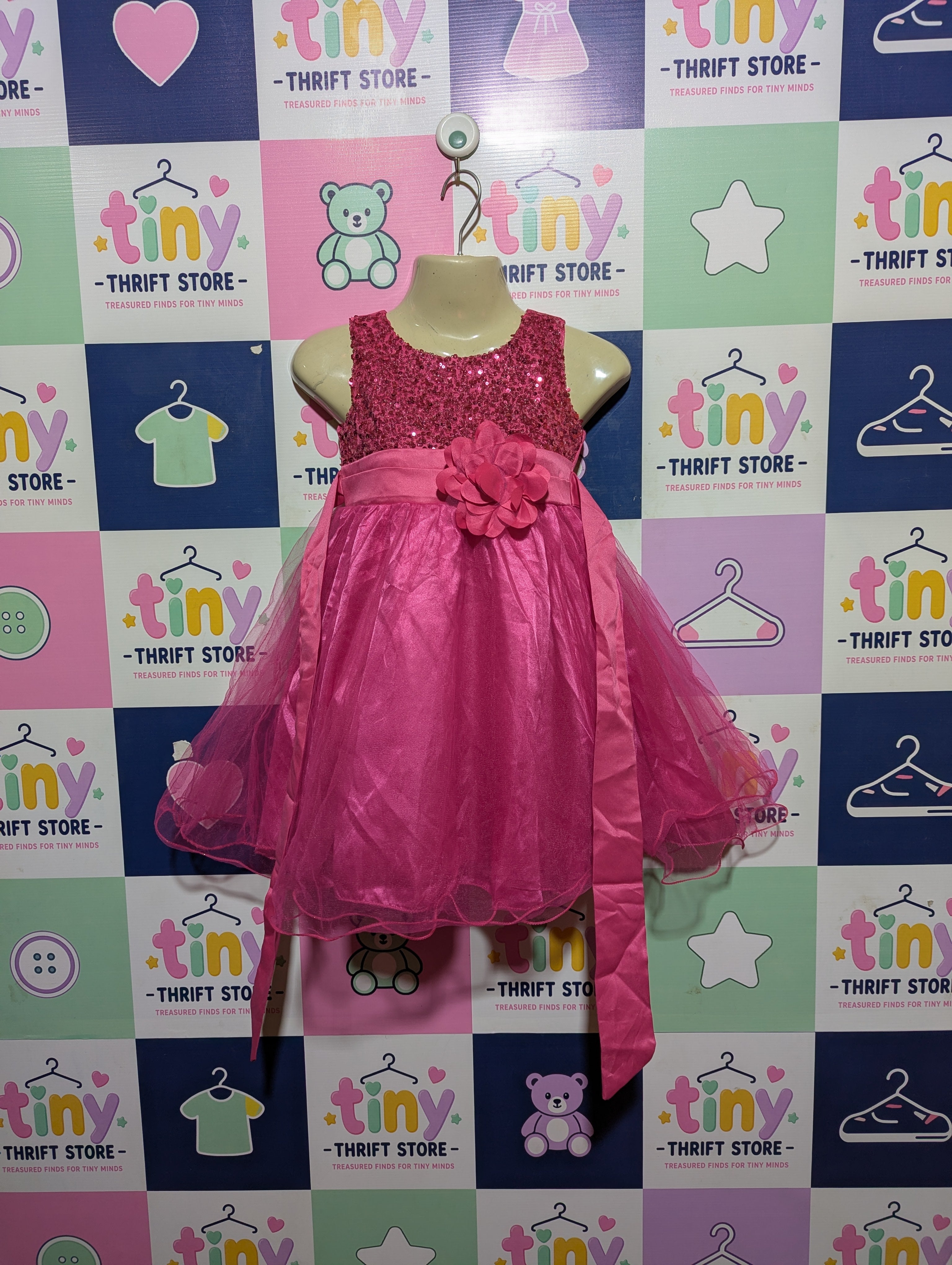 Girls Hot Pink Sequin Bodice Tulle Party Dress - Size 110 (Estimated Age 4-5 Years) AB2