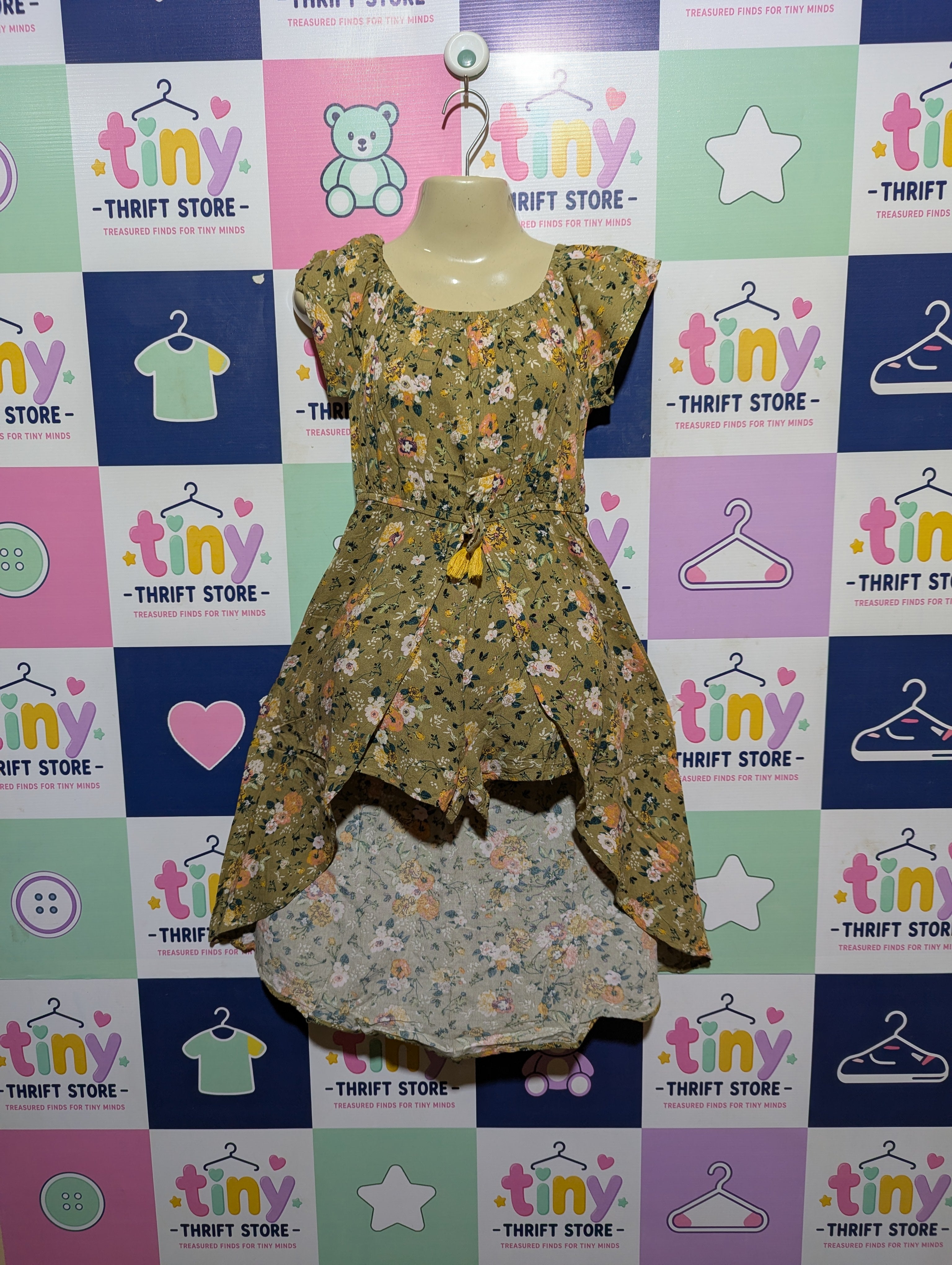Art Class Girls Olive Green Floral Print Dress - Size S (6/6X) Estimated Age 6-7 Years AB2