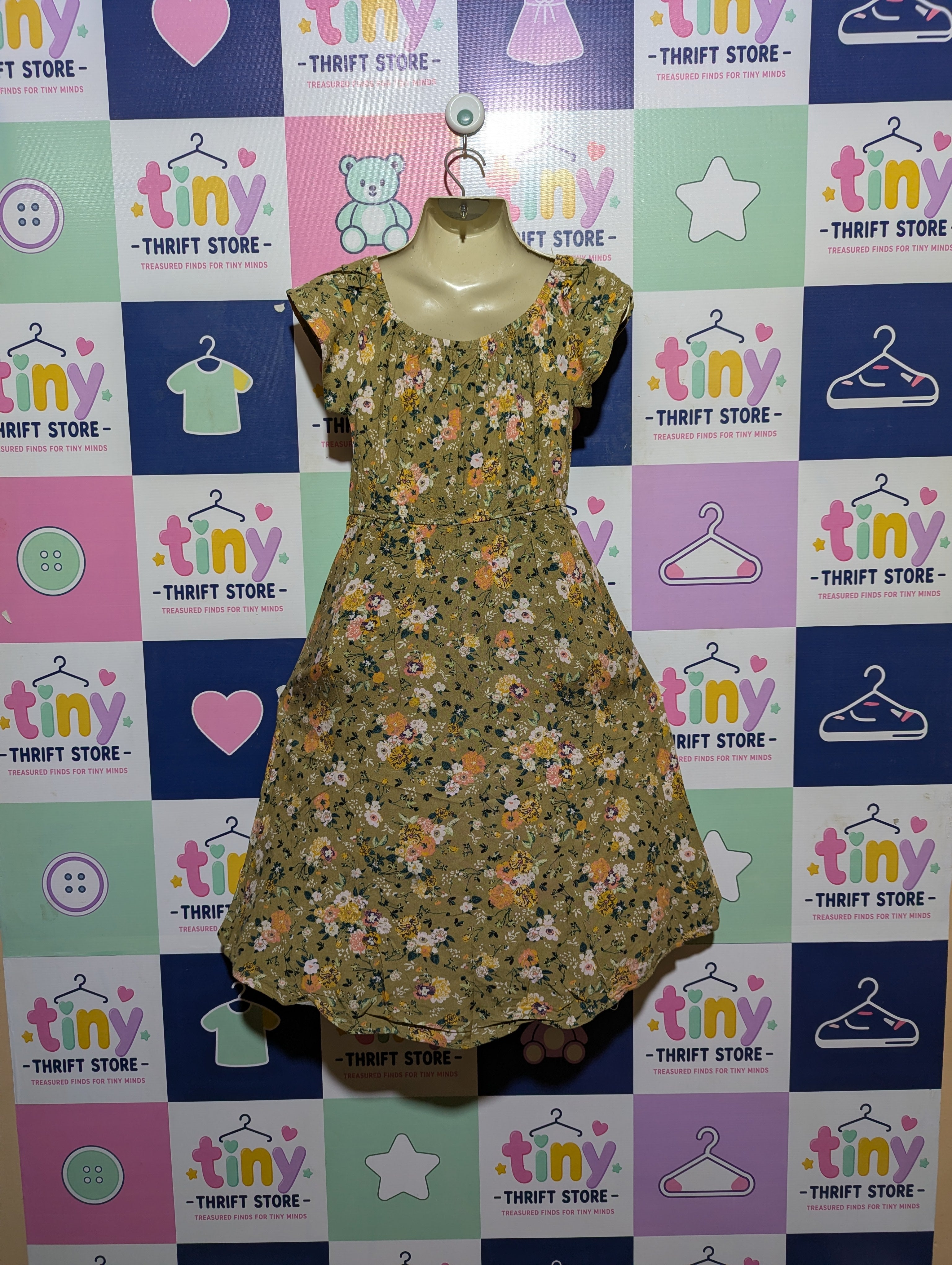 Art Class Girls Olive Green Floral Print Dress - Size S (6/6X) Estimated Age 6-7 Years AB2