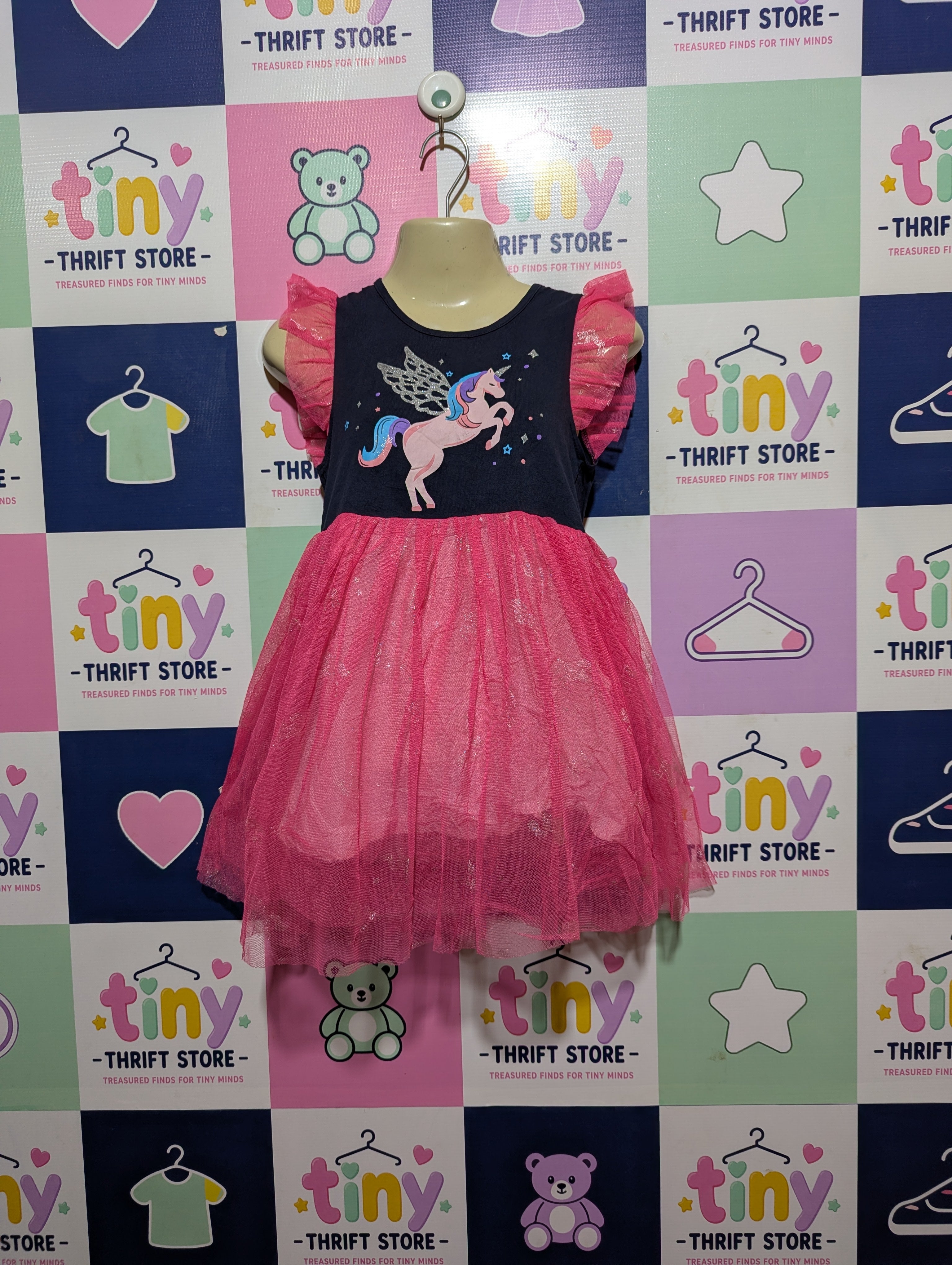 Girls Navy Blue & Pink Unicorn Graphic Tulle Dress - Size 5-6Y (Estimated Age 5-6 Years) AB2