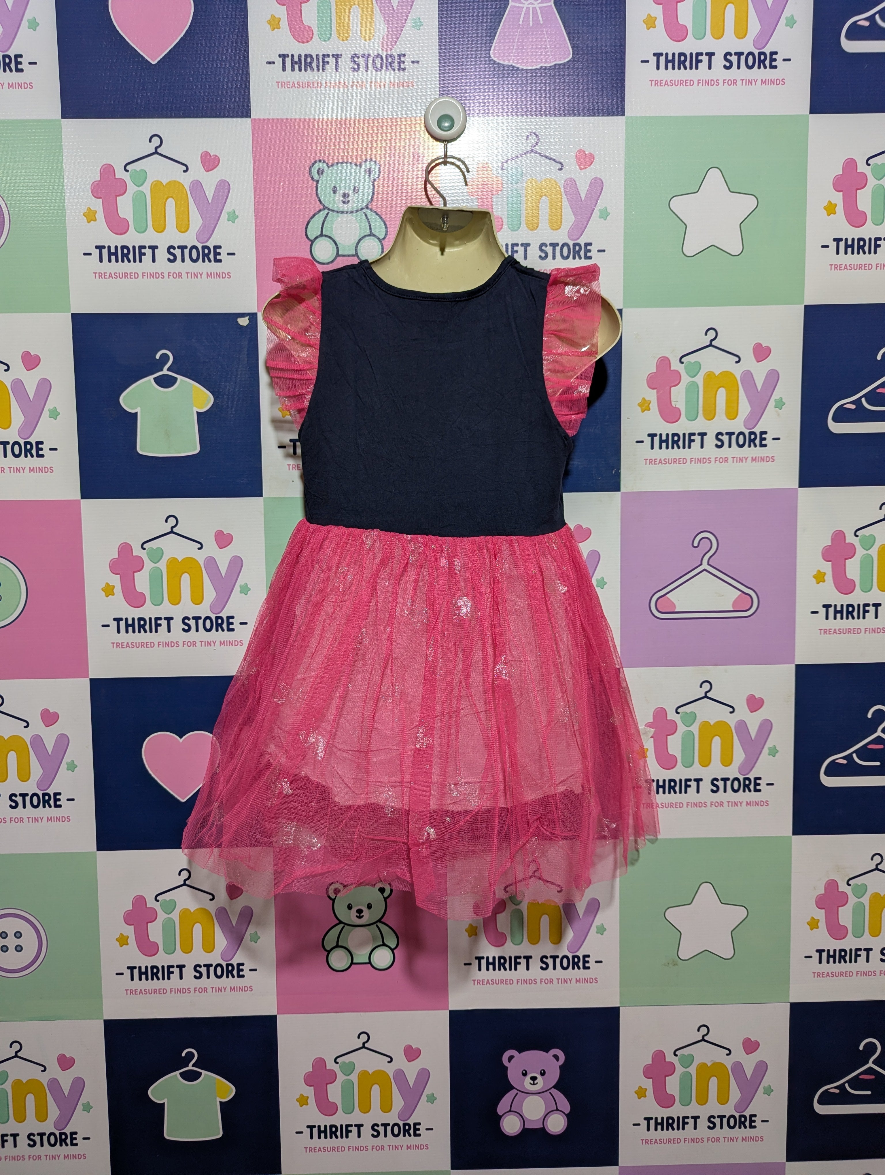 Girls Navy Blue & Pink Unicorn Graphic Tulle Dress - Size 5-6Y (Estimated Age 5-6 Years) AB2