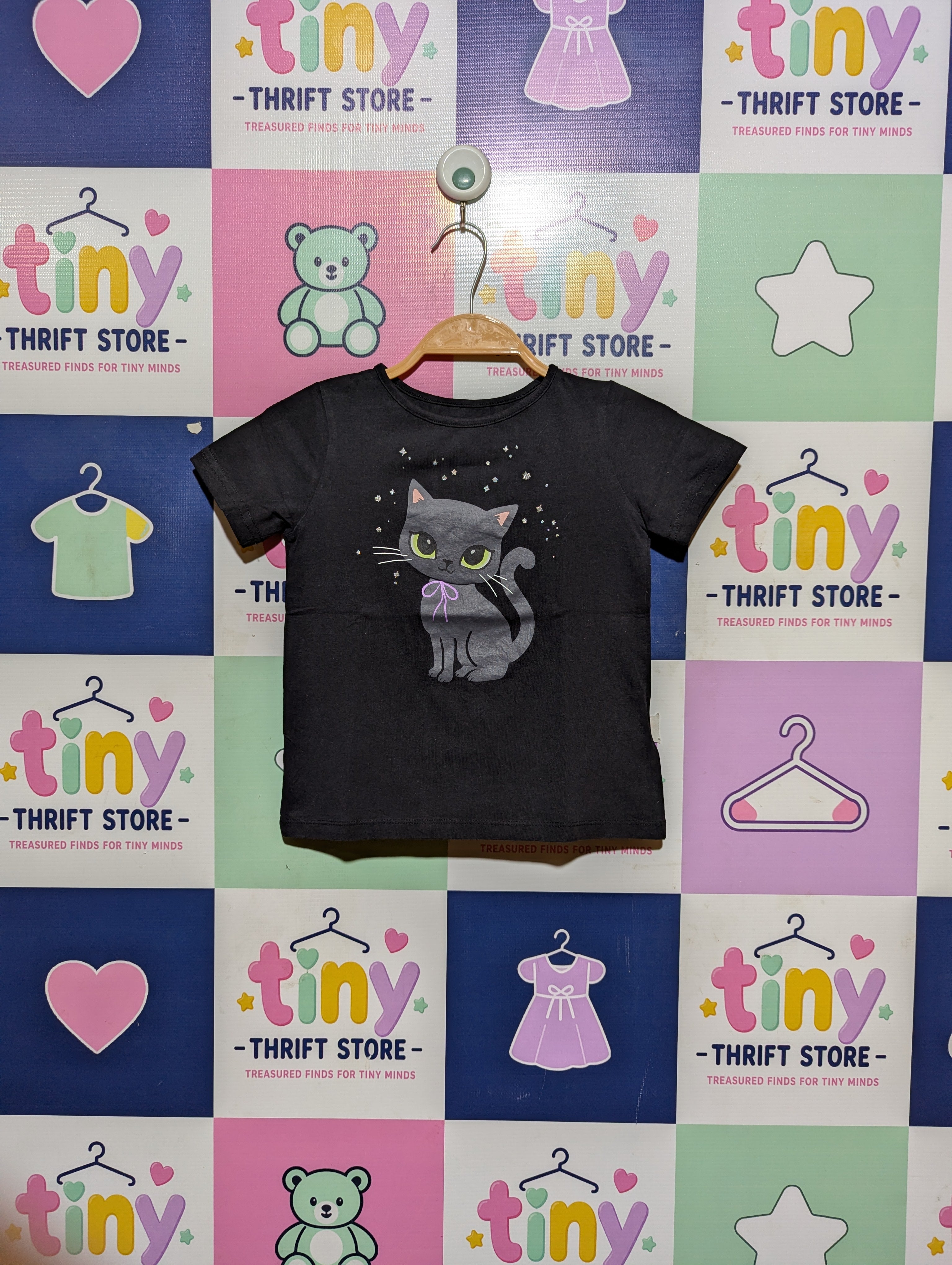 H&M Girls Black "Cute Cat" Graphic Tee - Size 5T/6 (Estimated Age 5-6 Years) AB2