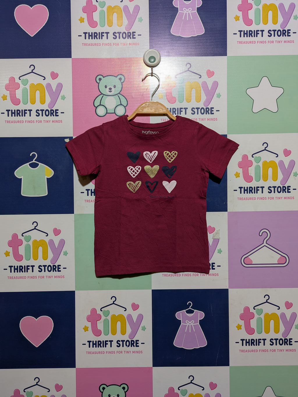 InExtenso Girls Maroon "Heart Pattern" Graphic Tee - Size 5 Years (Estimated Age 5 Years) AB2