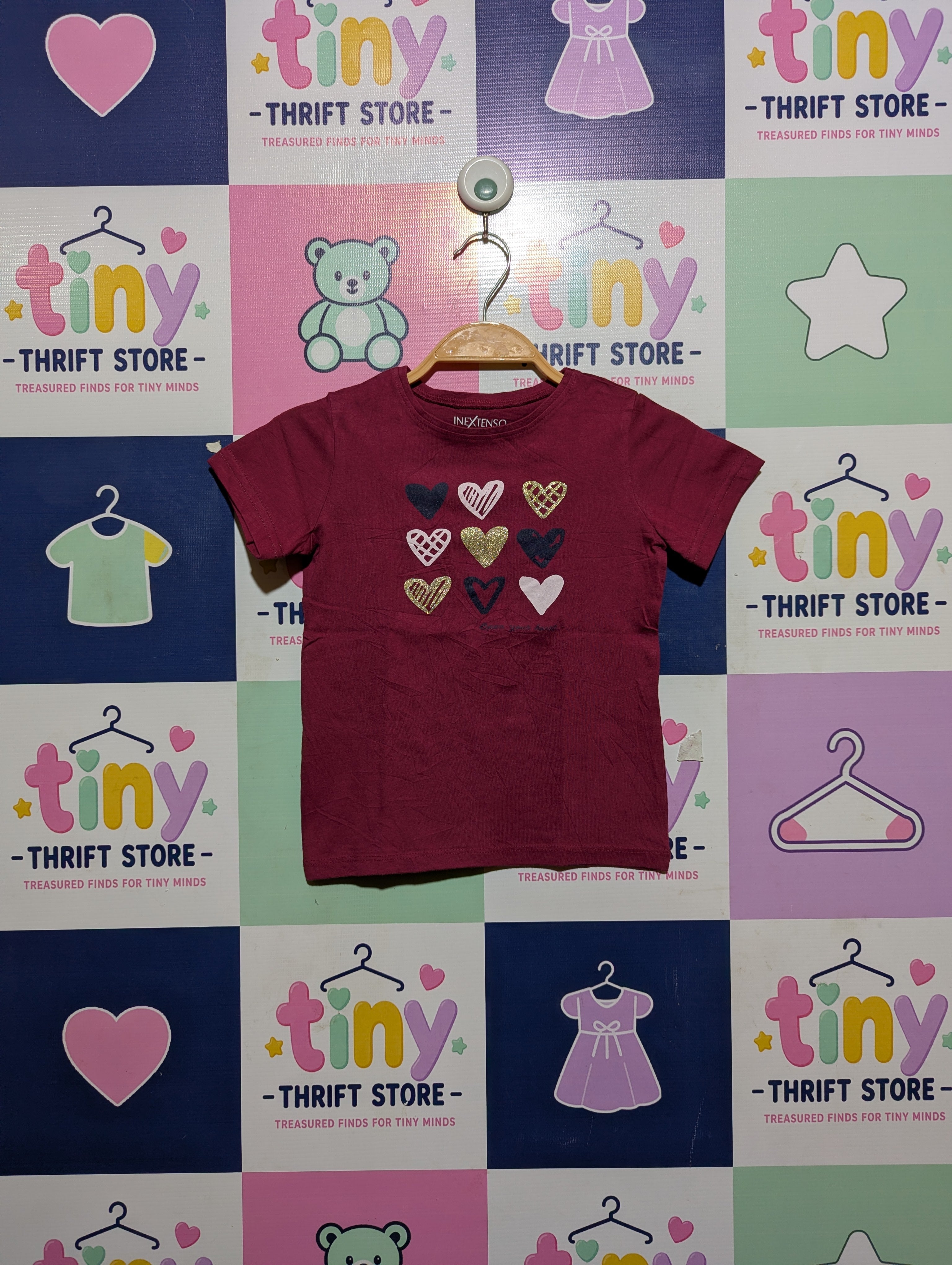 InExtenso Girls Maroon "Heart Pattern" Graphic Tee - Size 5 Years (Estimated Age 5 Years) AB2