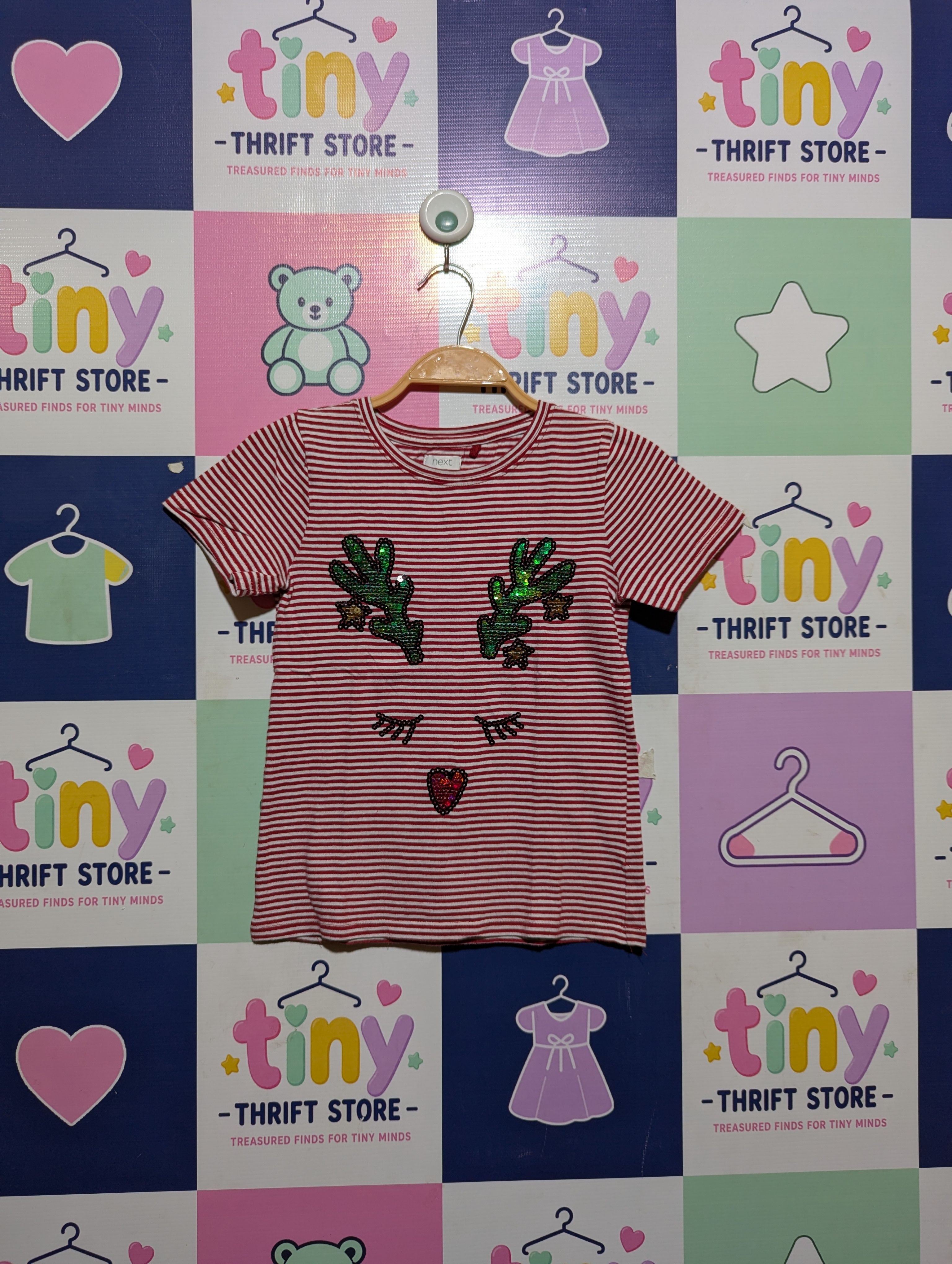 Next Girls Red & White Striped "Reindeer" Graphic Tee - Size 7 Years (Estimated Age 7 Years) AB2