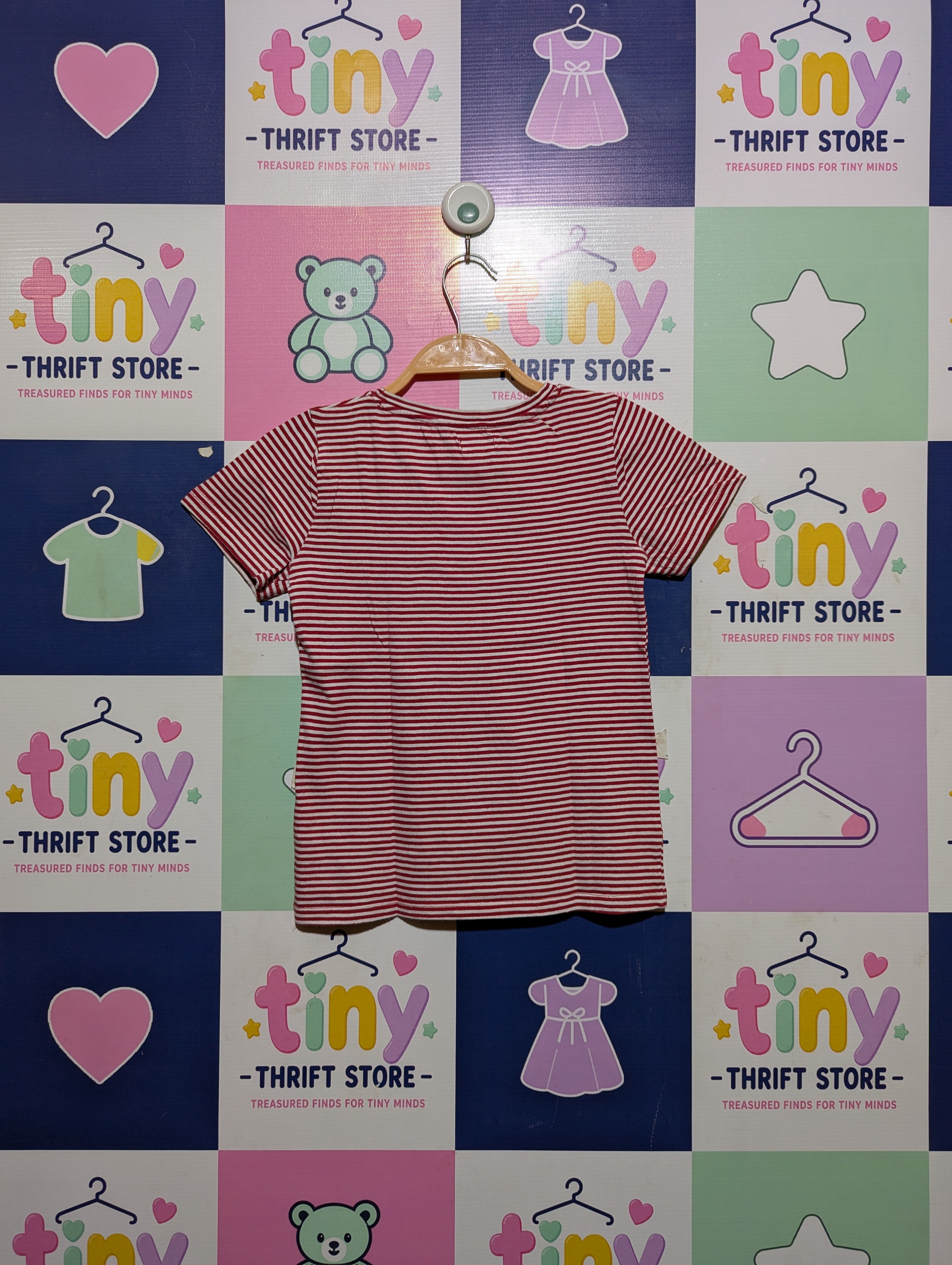 Next Girls Red & White Striped "Reindeer" Graphic Tee - Size 7 Years (Estimated Age 7 Years) AB2