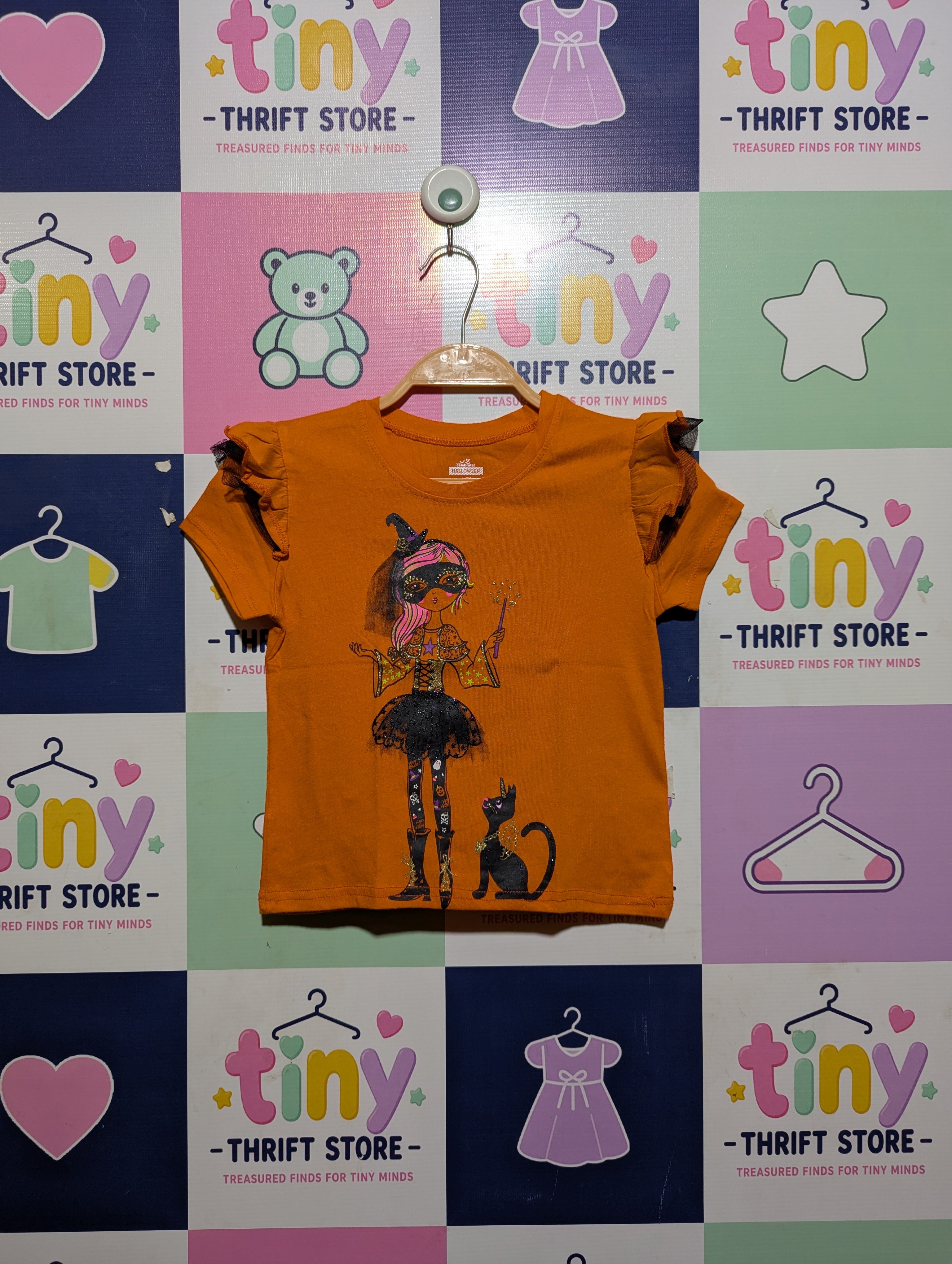 Way to Celebrate! Girls Orange "Halloween Witch" Graphic Tee - Size S (6-6X) (Estimated Age 6 Years) AB2