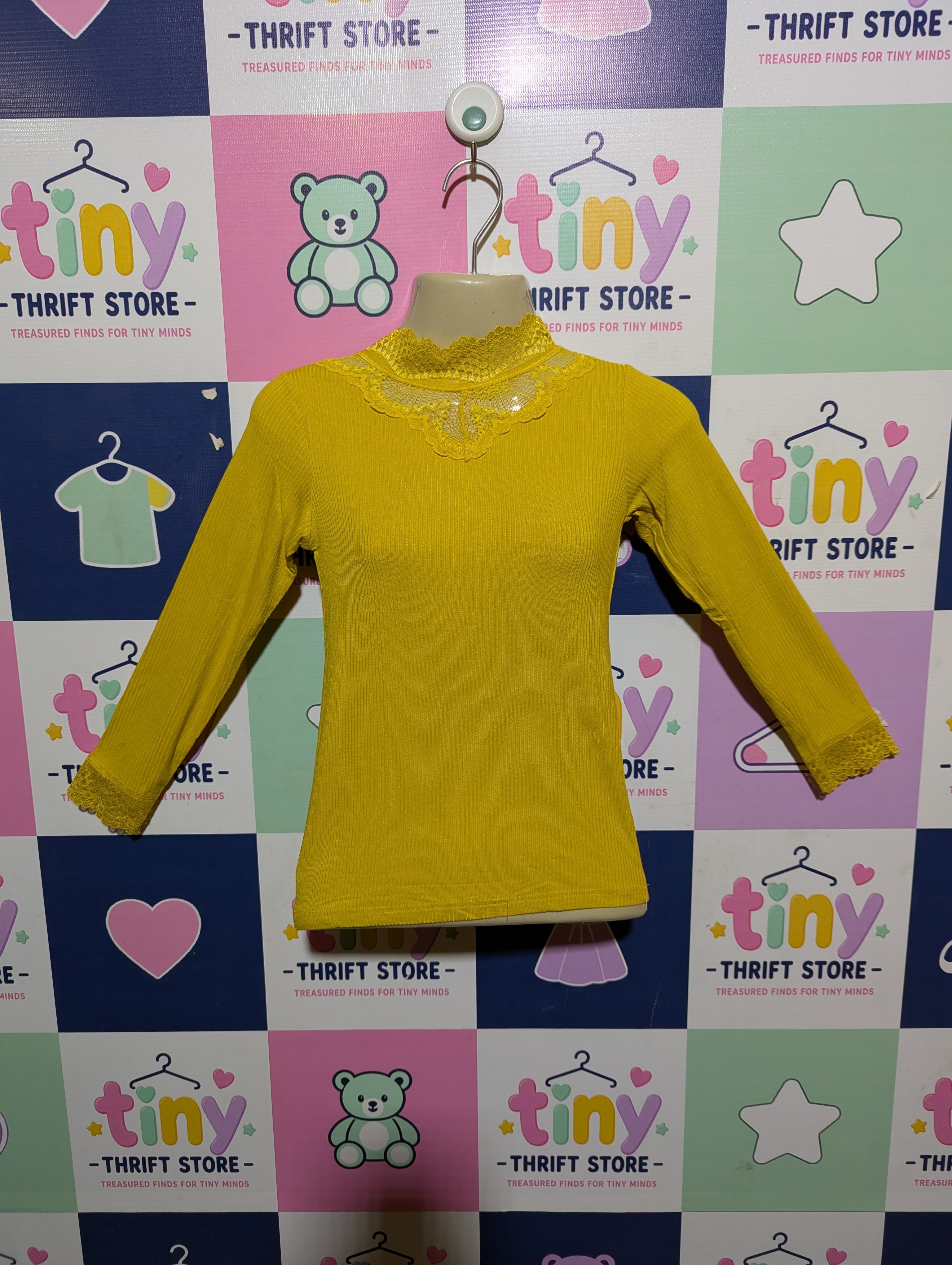 VRS Kids Girls Mustard "Lace Trim" Long Sleeve Tee - Size Estimated Age 6 Years AB2