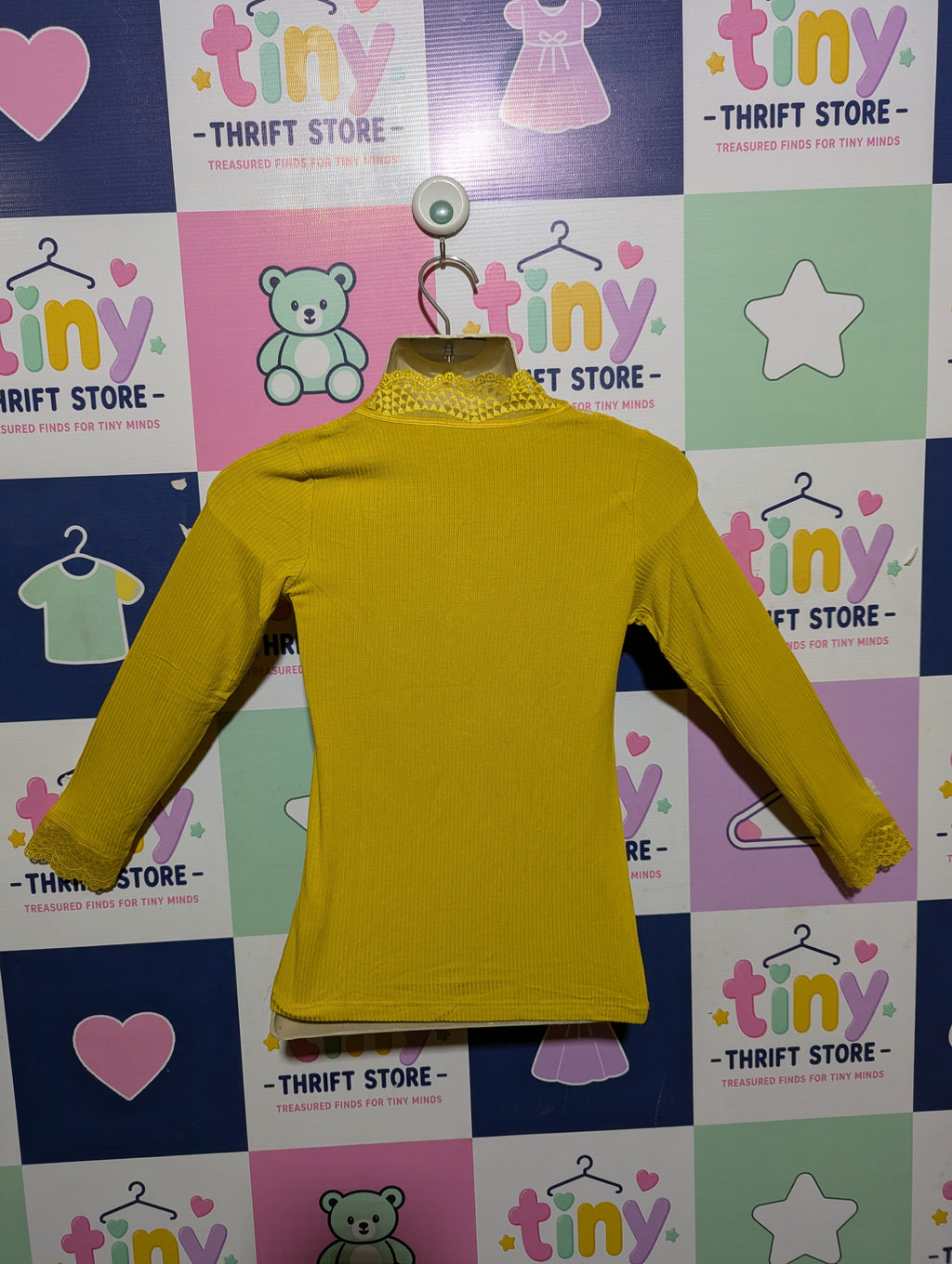 VRS Kids Girls Mustard "Lace Trim" Long Sleeve Tee - Size Estimated Age 6 Years AB2