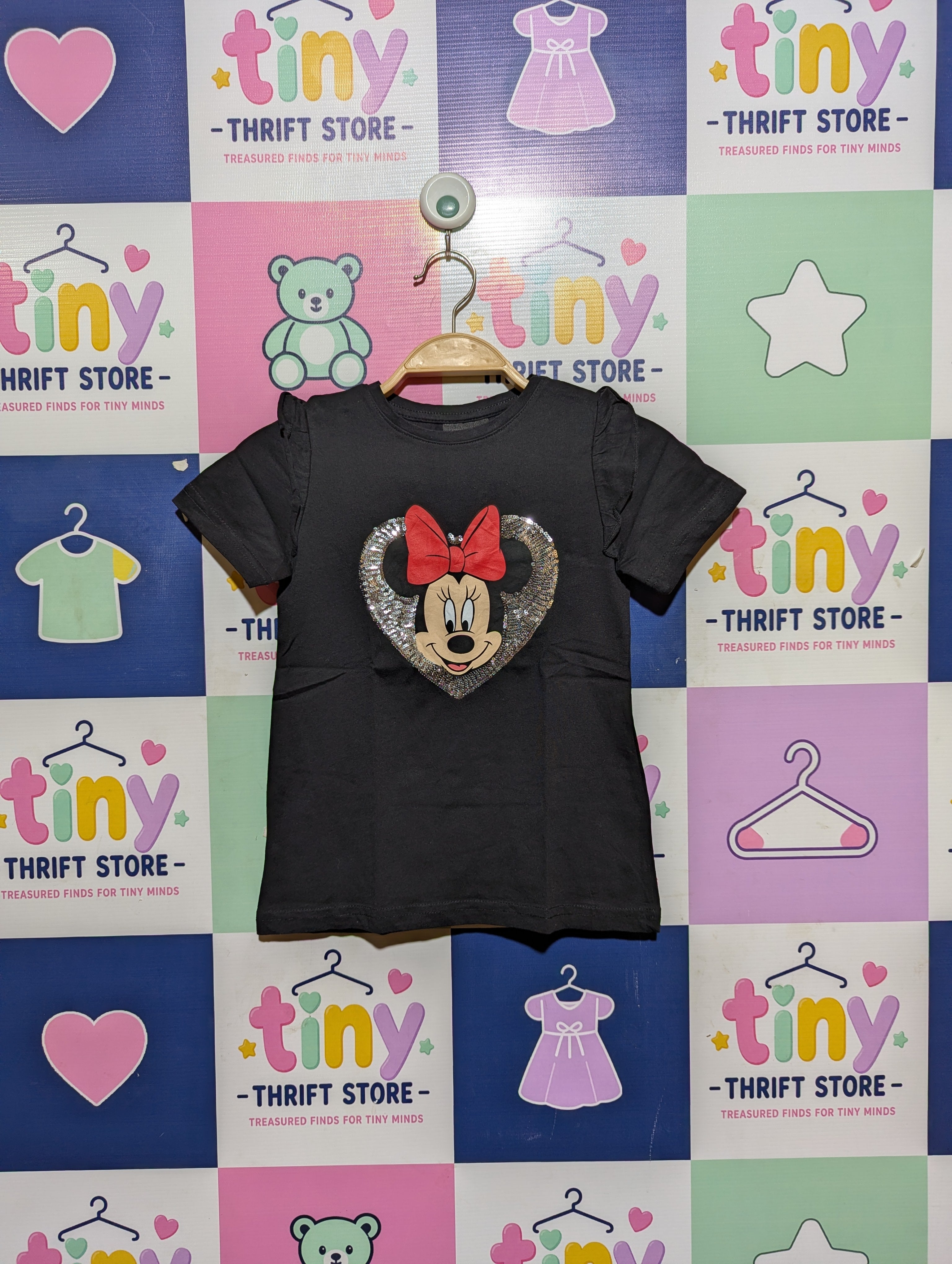 Disney Girls Black "Minnie Mouse" Sequin Graphic Tee - Size 116 (Estimated Age 5-6 Years) AB2