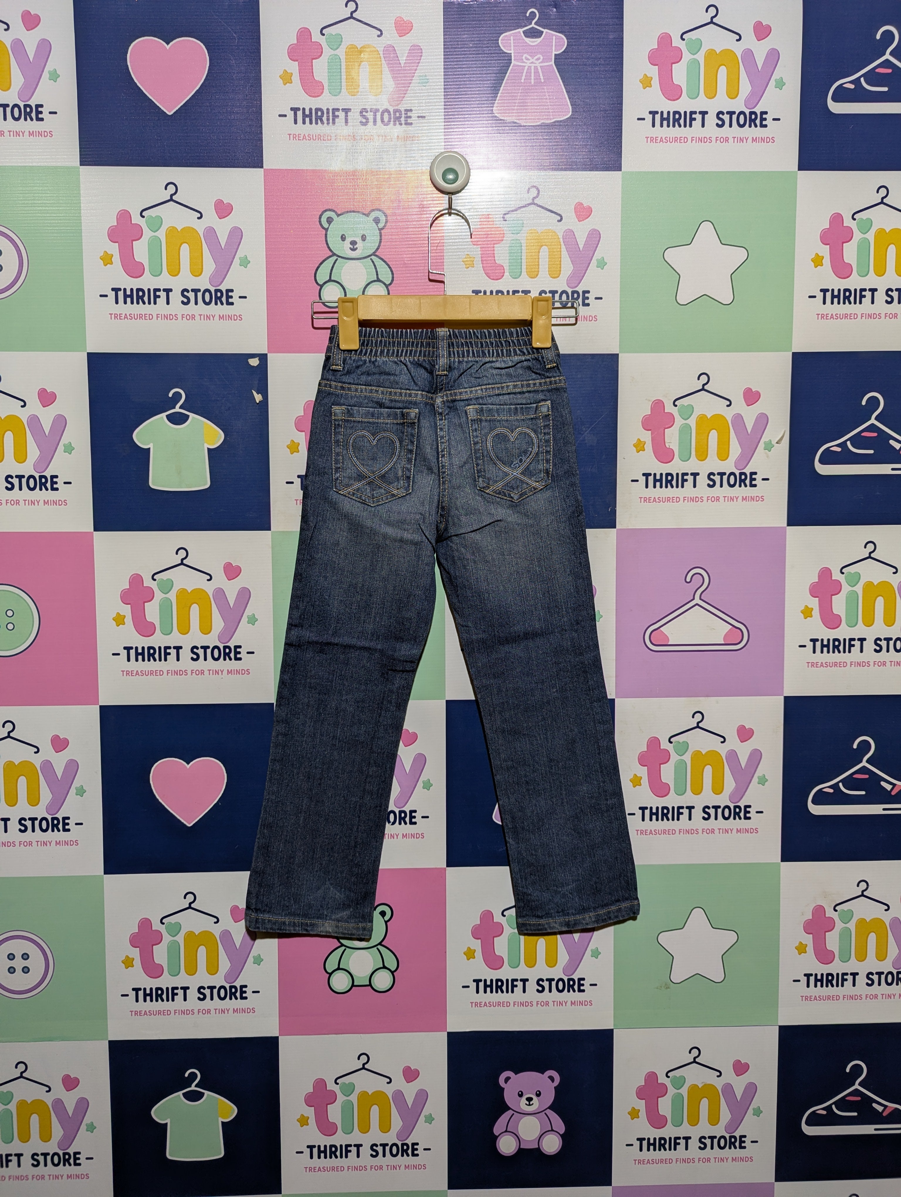 H&M Girls Dark Wash Denim Jeans with Heart Embroidery - Size 116 Estimated Age 5-6 Years AB2