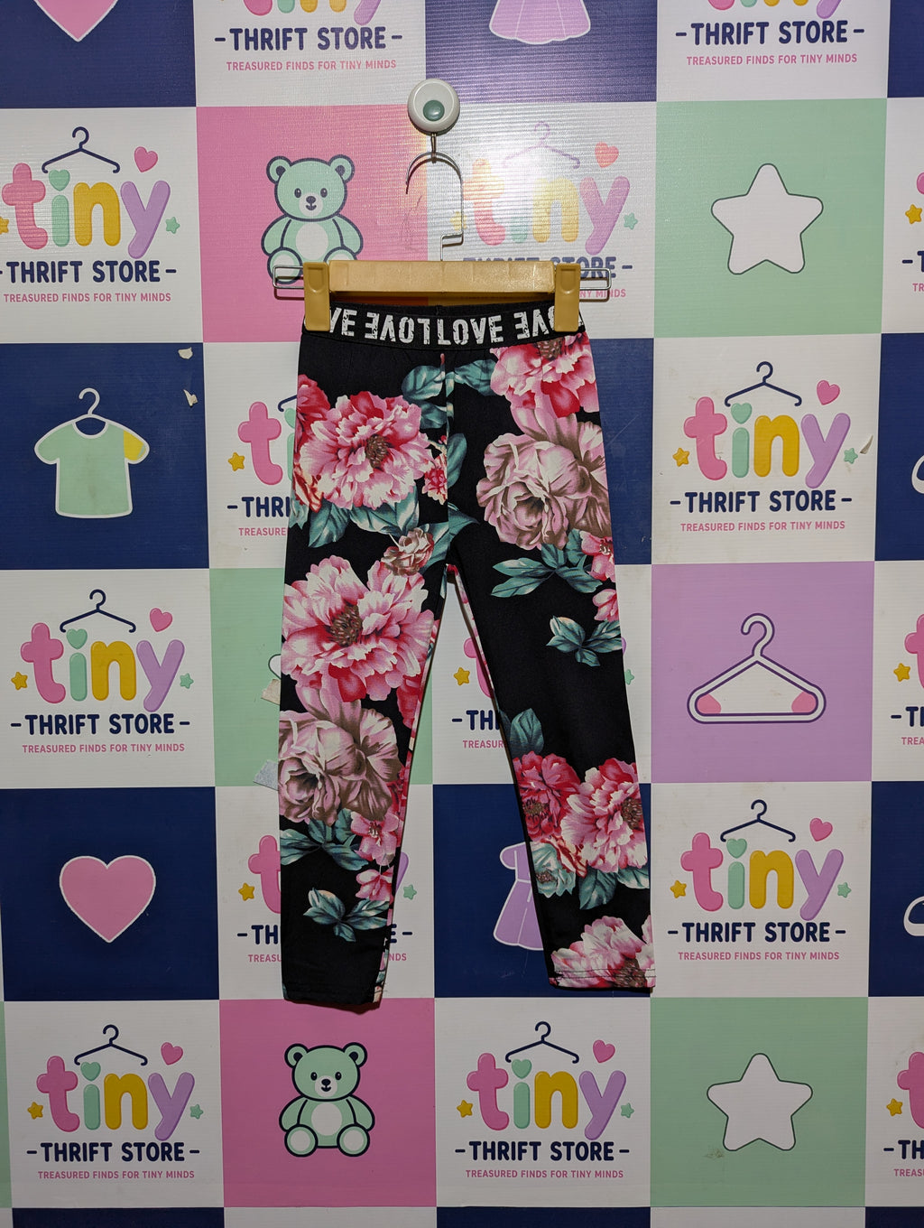 SHEIN Girls Black Floral "LOVE" Waistband Leggings - Size 6Y Estimated Age 6 Years AB2