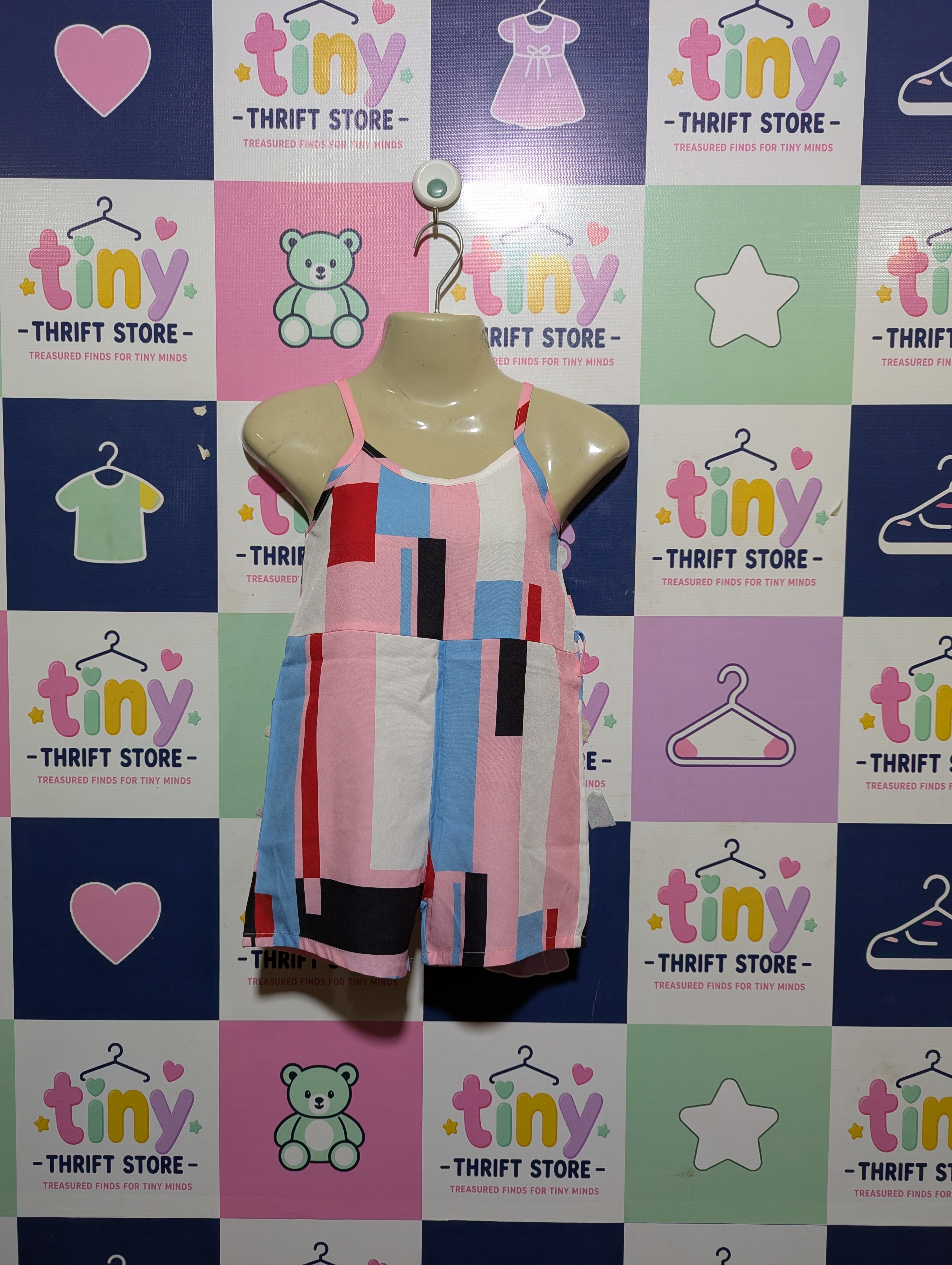 Girls Colorful Geometric Print Spaghetti Strap Jumpsuit - Size 110 Estimated Age 4-5 Years AB2