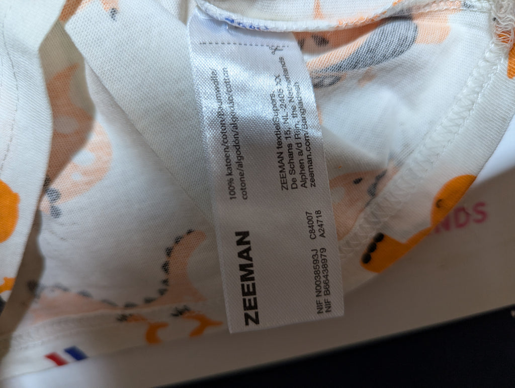 Zeeman Boys White & Orange "Dinosaur Explorer" Short Sleeve Tee - Size 110/116 (Estimated Age 5-6 Years) AB2