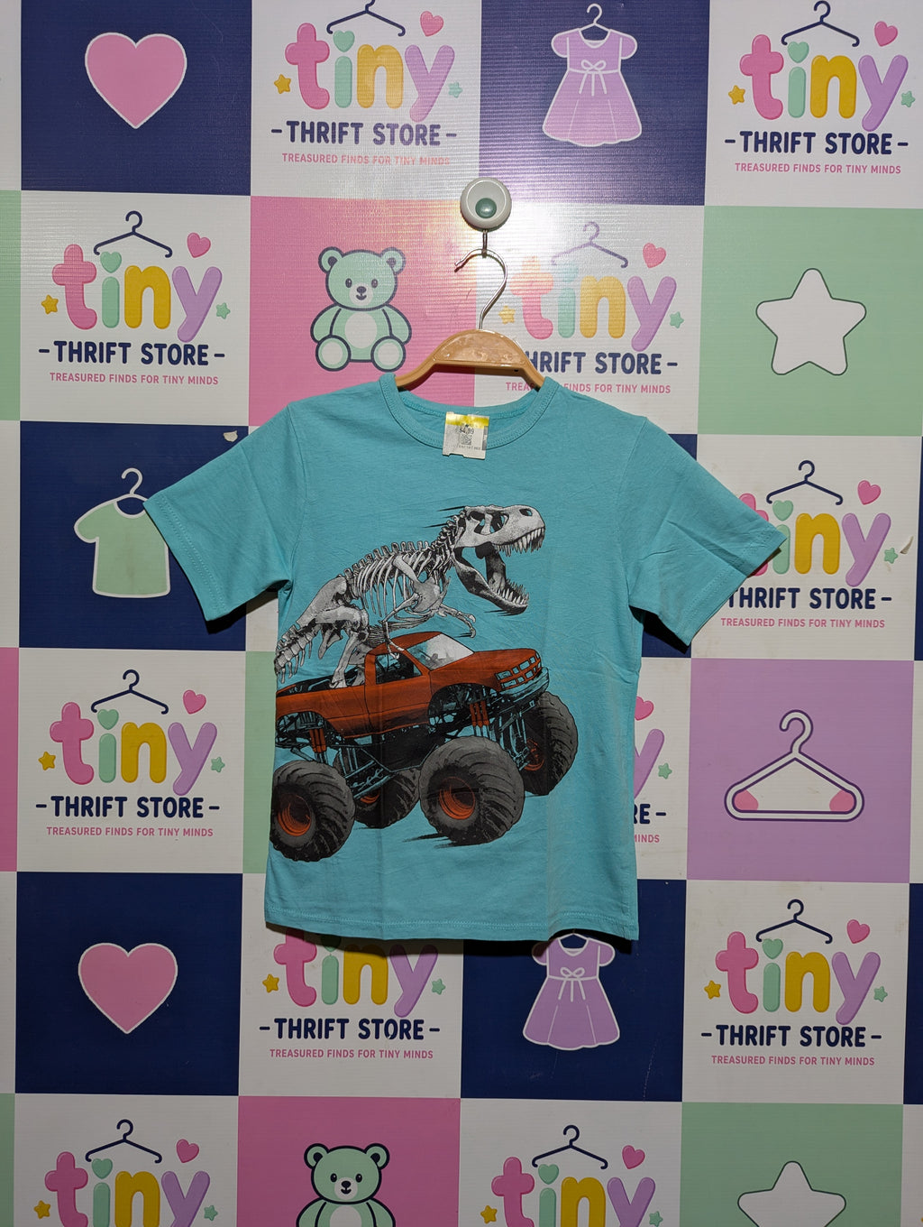 The Children's Place Boys Turquoise "Dinosaur Monster Truck" Graphic Tee - Size S (5/6) Estimated Age 5-6 Years AB2