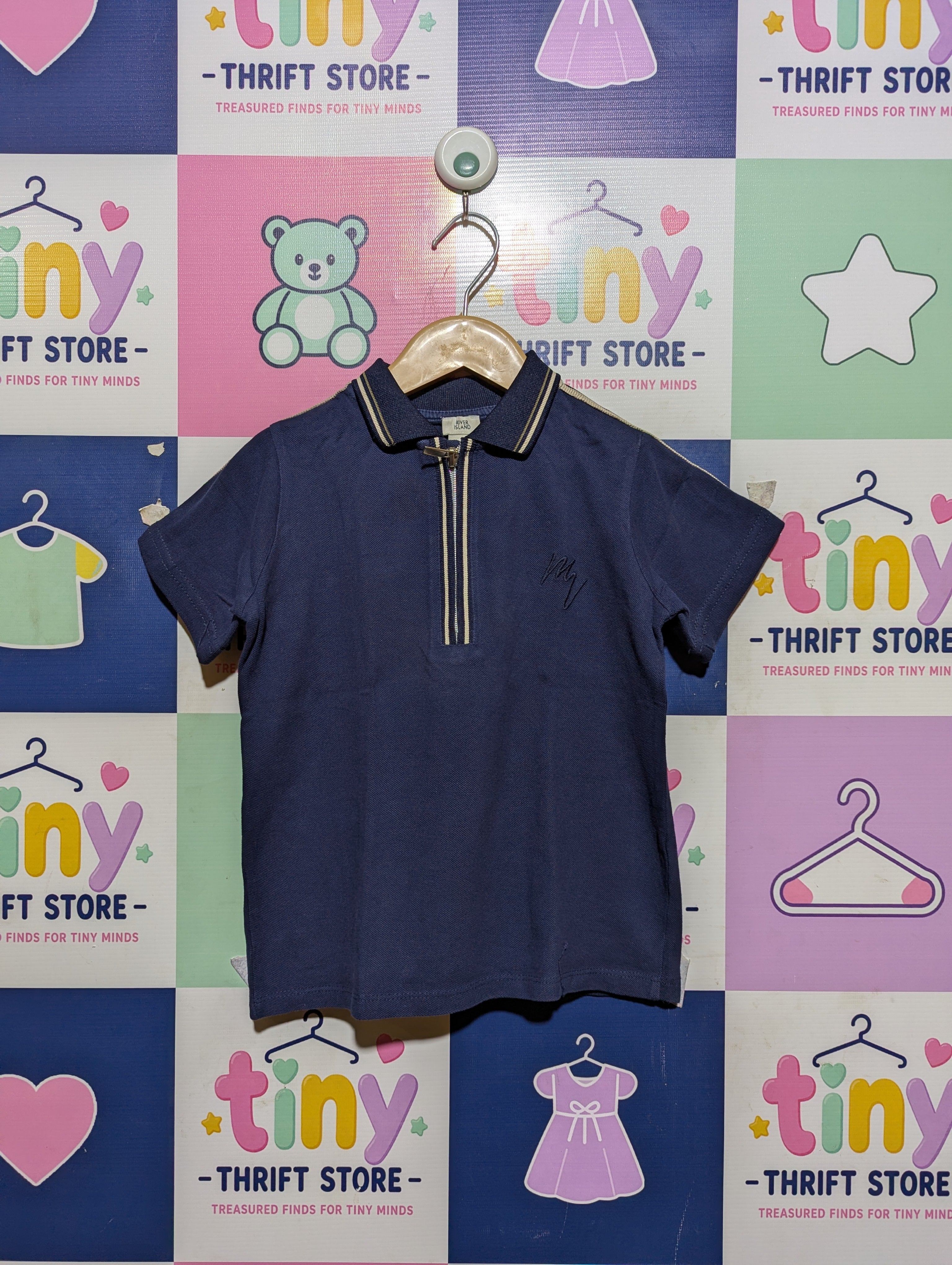 River Island Boys Navy Blue Zip-Up Polo Shirt - Size 5/6 Years (Estimated Age 5-6 Years) AB2