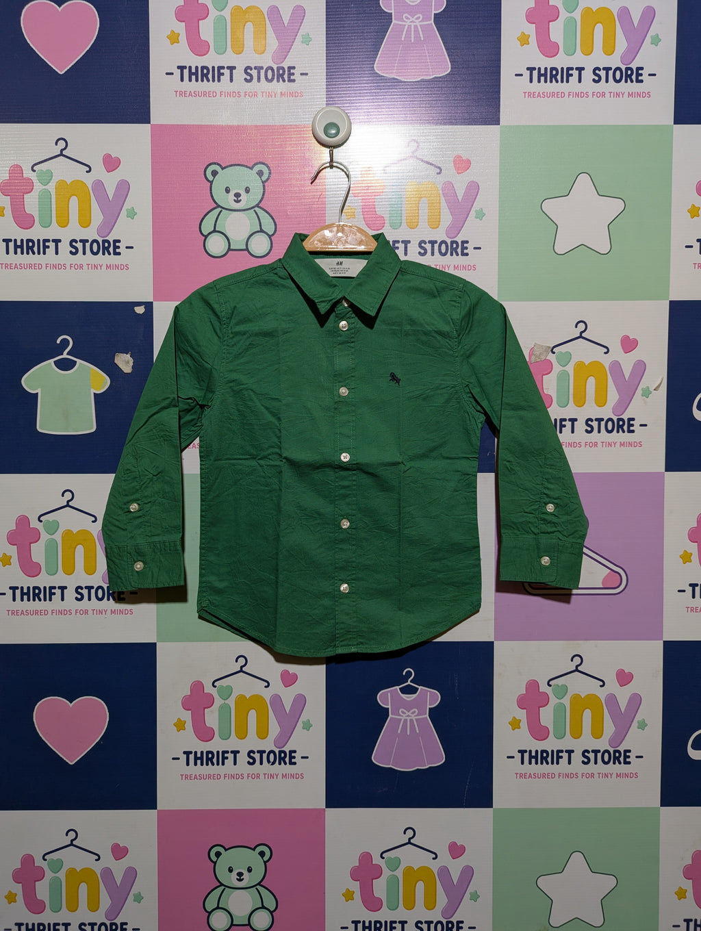 H&M Boys Classic Green Button-Down Shirt - Size 110 (Estimated Age 4-5 Years) AB2