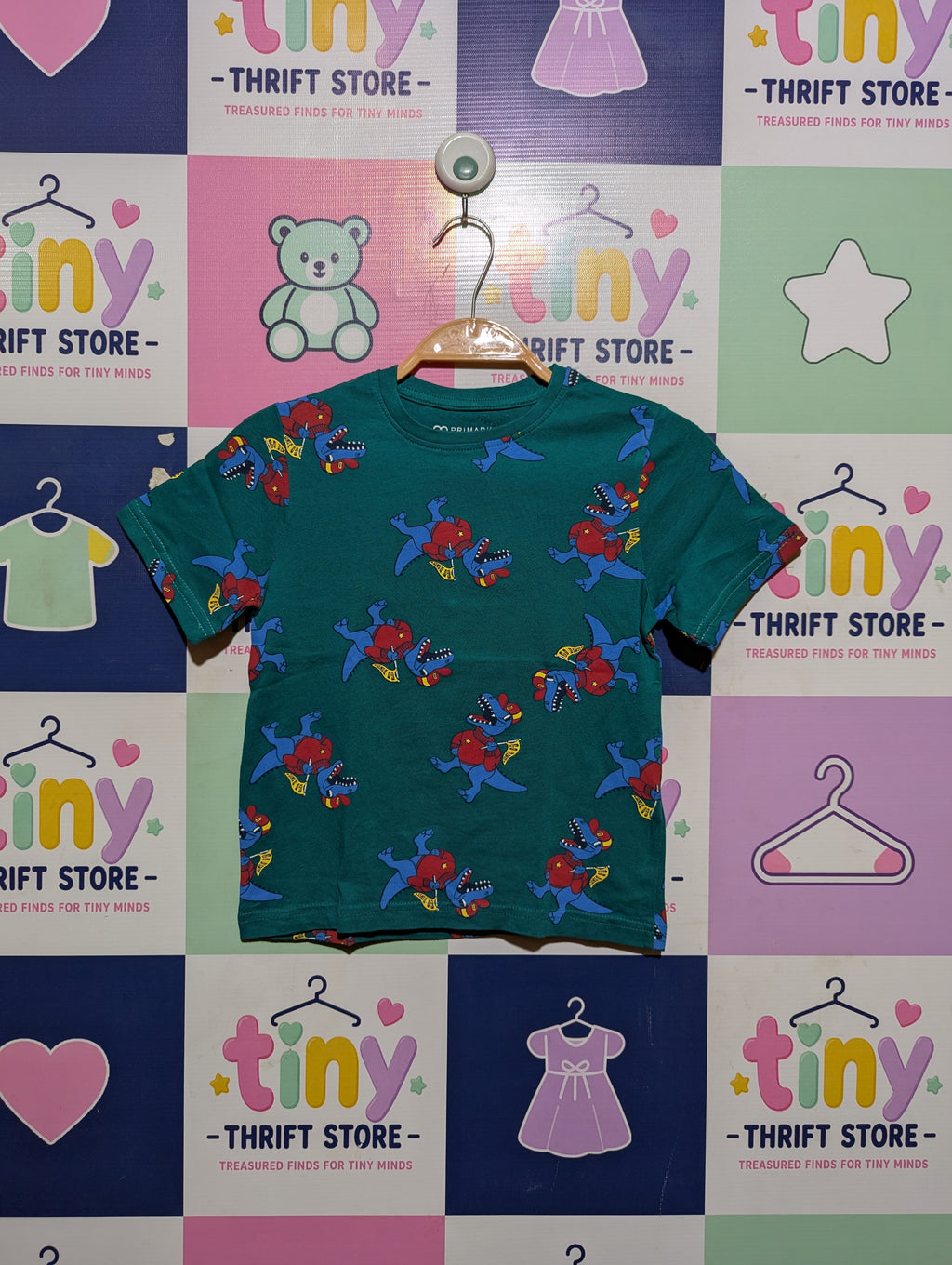 Primark Cares Boys Green "Dino Adventurer" Patterned T-Shirt - Size 4-5 Years (Estimated Age 4-5 Years) AB2