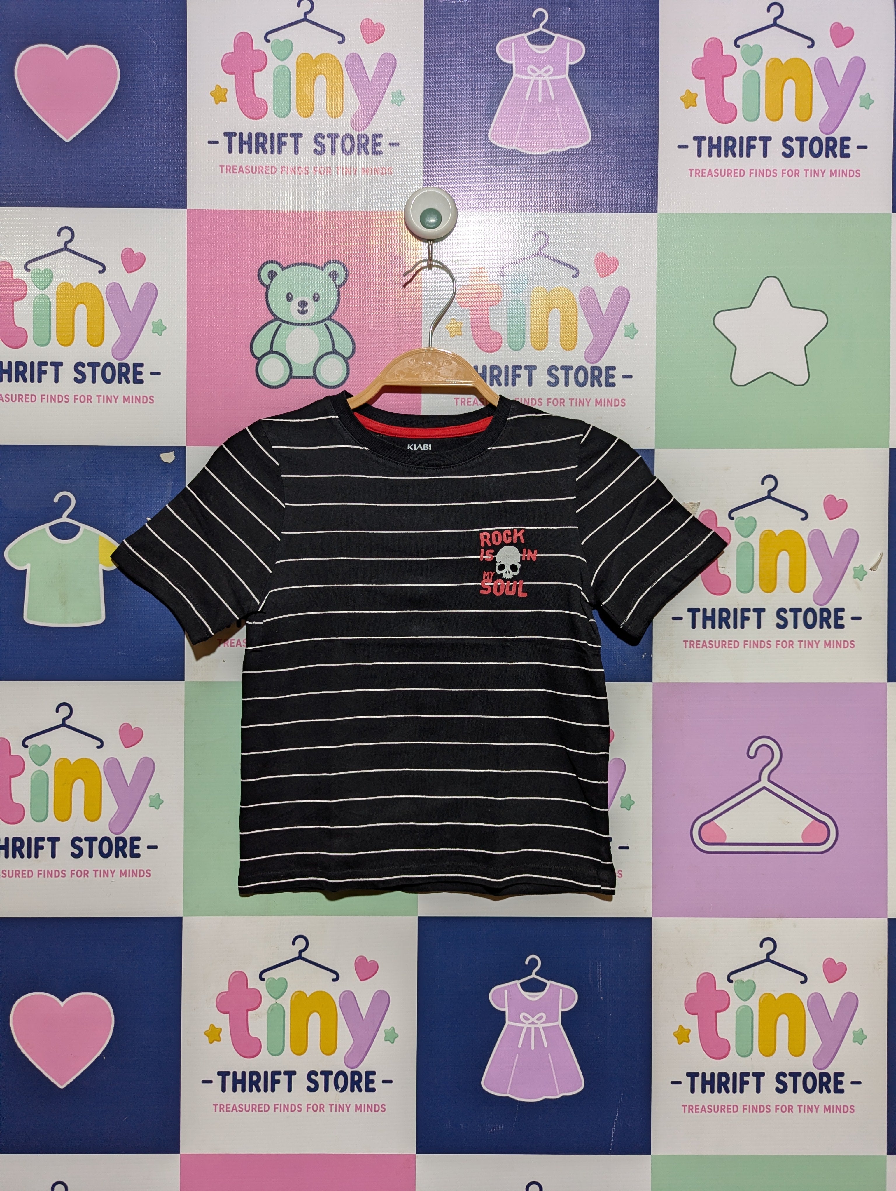 Kiabi Boys Black & White Striped "Rock" Graphic Tee - Size 6A (Estimated Age 6 Years) AB2