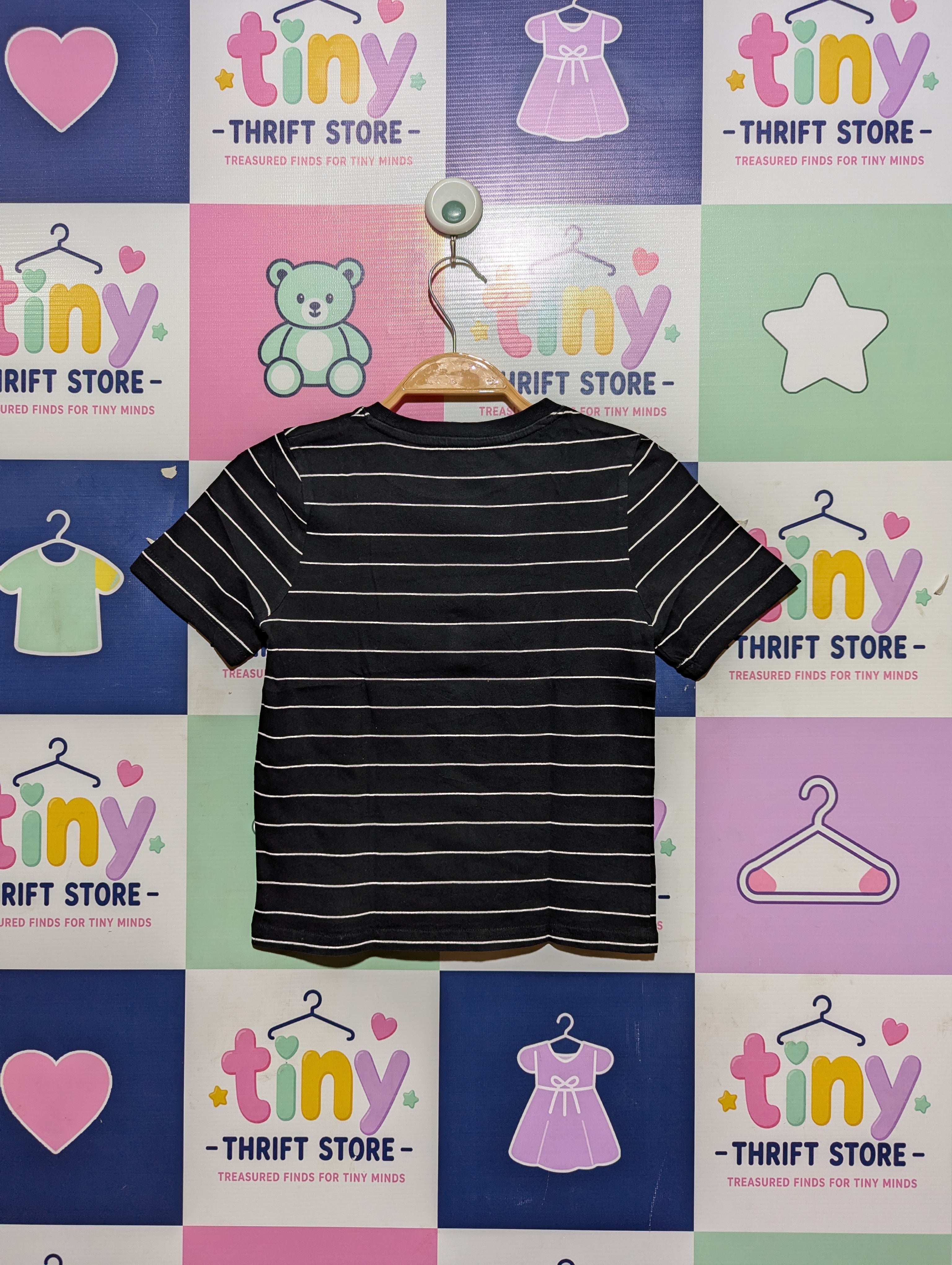 Kiabi Boys Black & White Striped "Rock" Graphic Tee - Size 6A (Estimated Age 6 Years) AB2