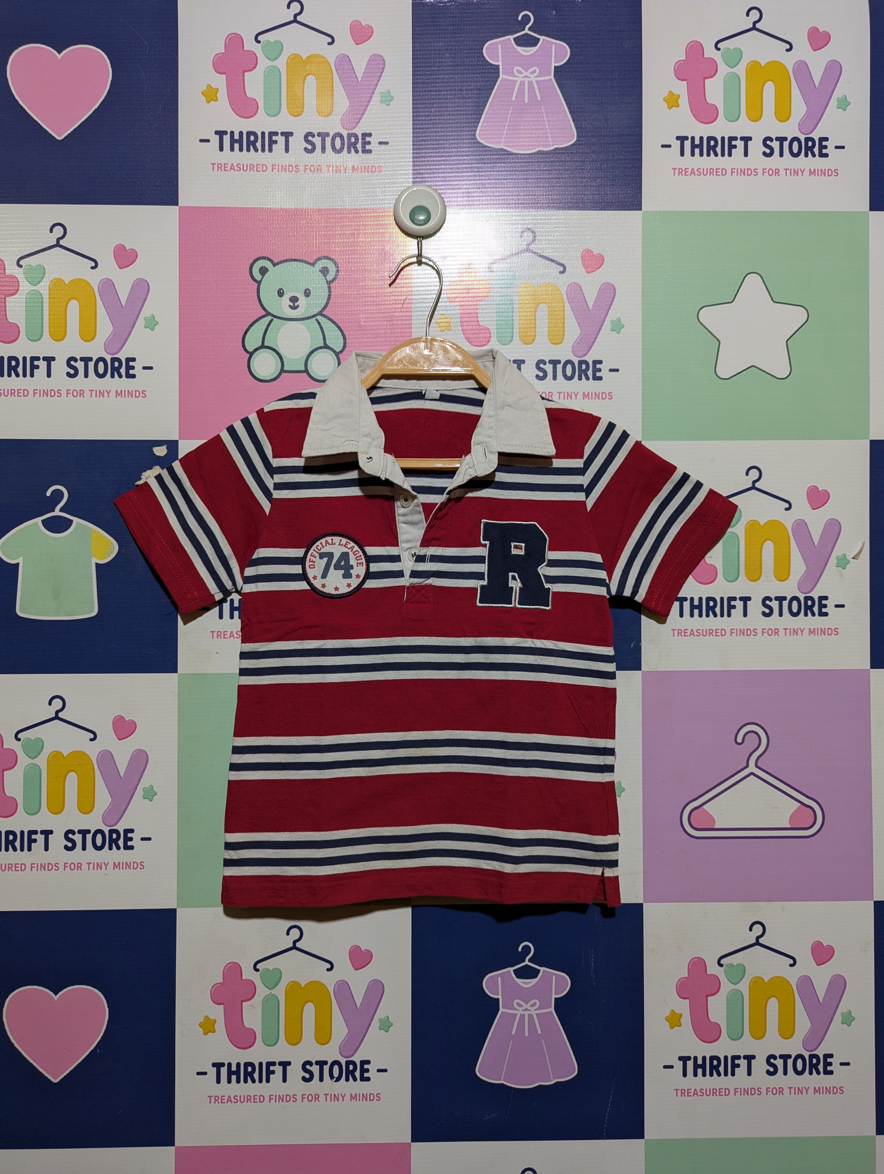 Boys Red & Blue Striped "Official League" Polo Shirt - Size 5A (Estimated Age 5 Years) AB2