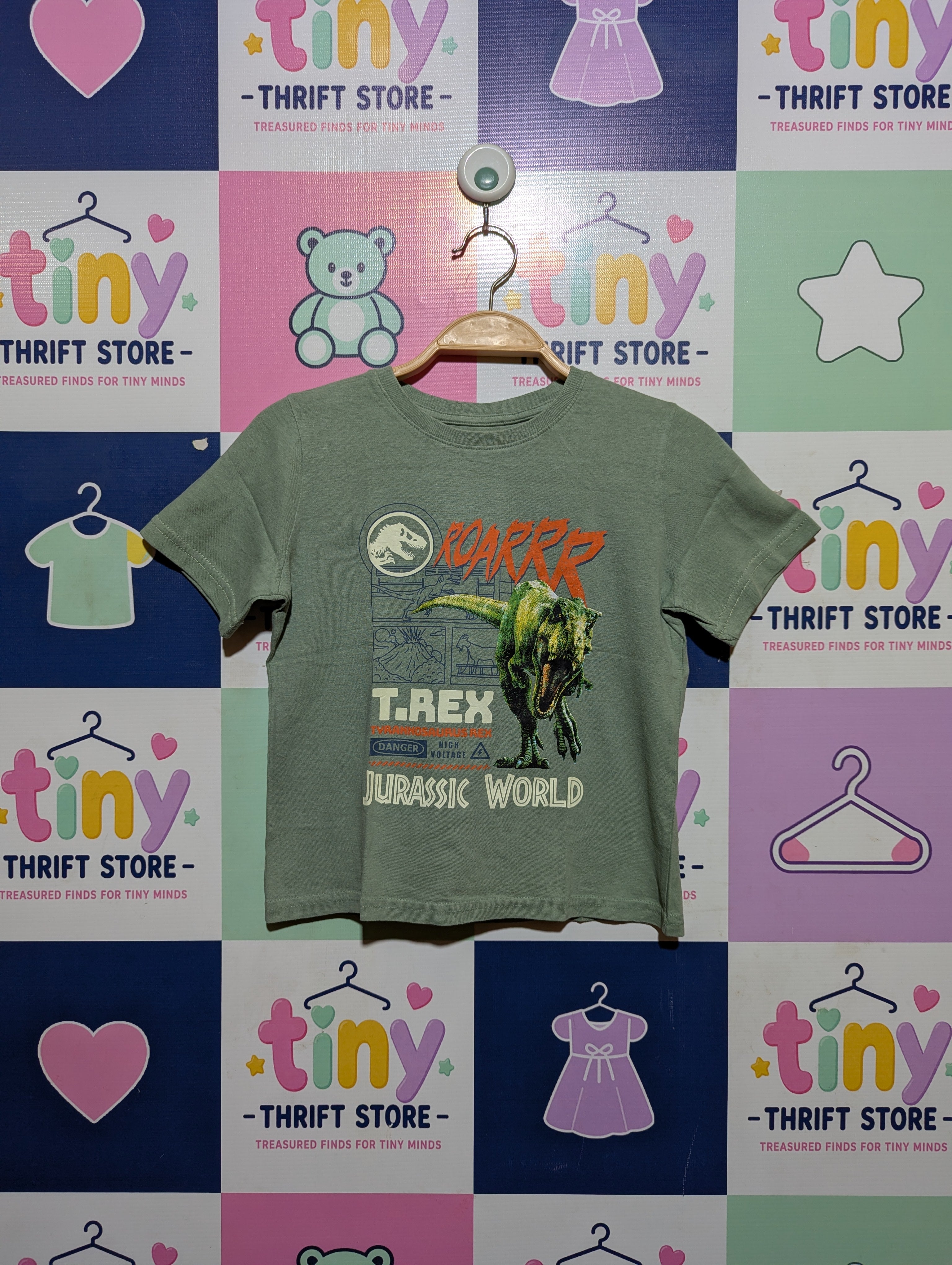 Jurassic World Boys Sage Green "T-Rex Roar" Short Sleeve Tee - Size Estimated Age 6 Years AB2