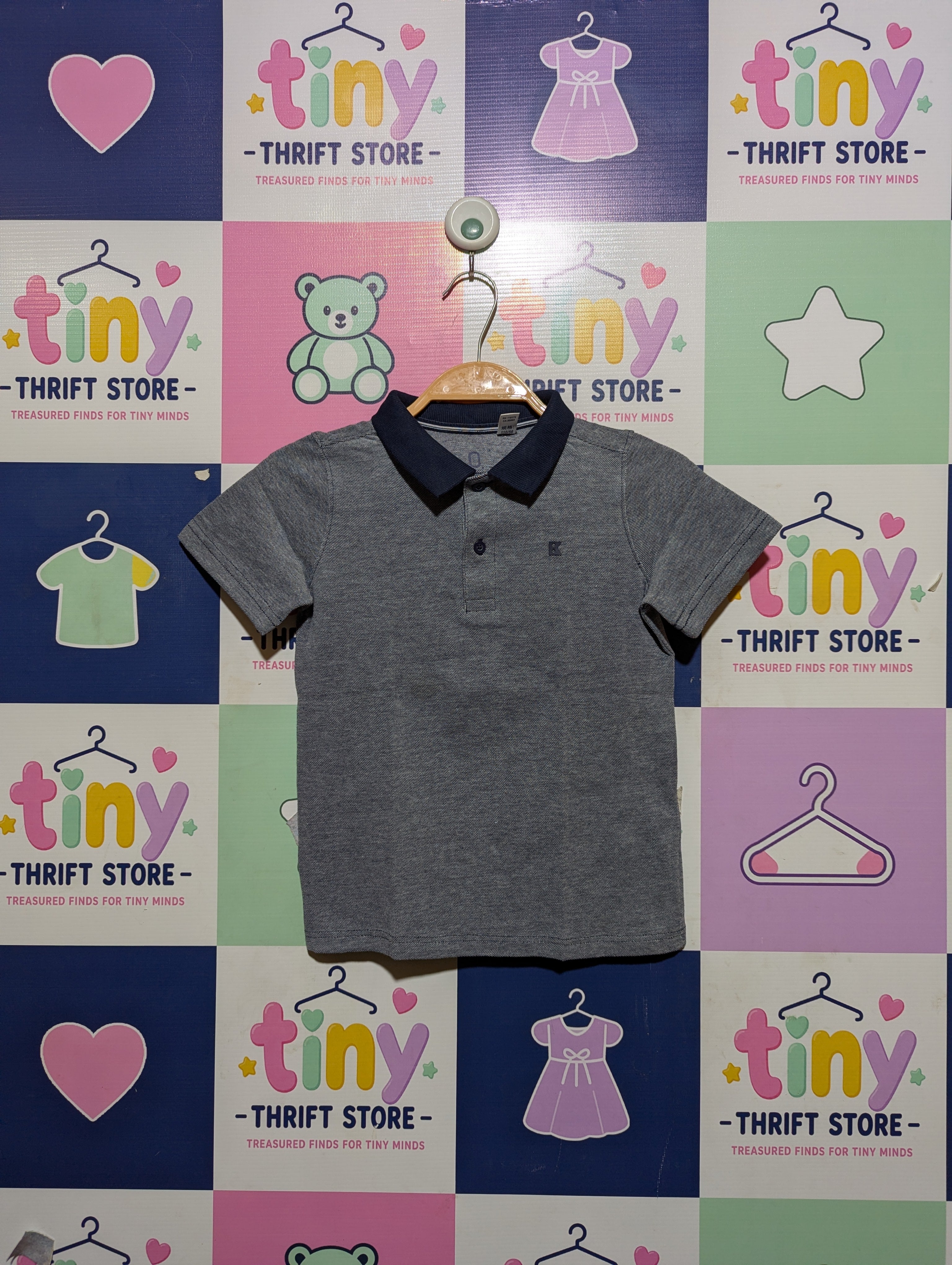 O'K Boys Navy & Grey Textured Short-Sleeve Polo Shirt - Size 110 CM (Estimated Age 5-6 Years) AB2