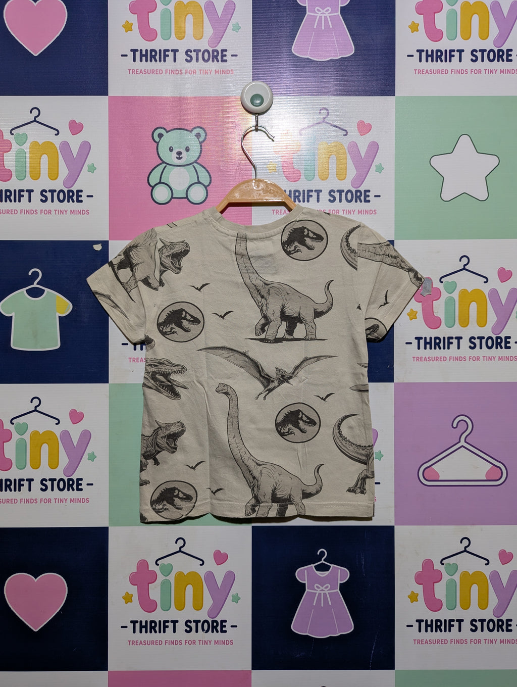 Jurassic World Boys Beige "Dinosaur Pattern" Graphic Tee - Size 110 CM (Estimated Age 4-5 Years) AB2