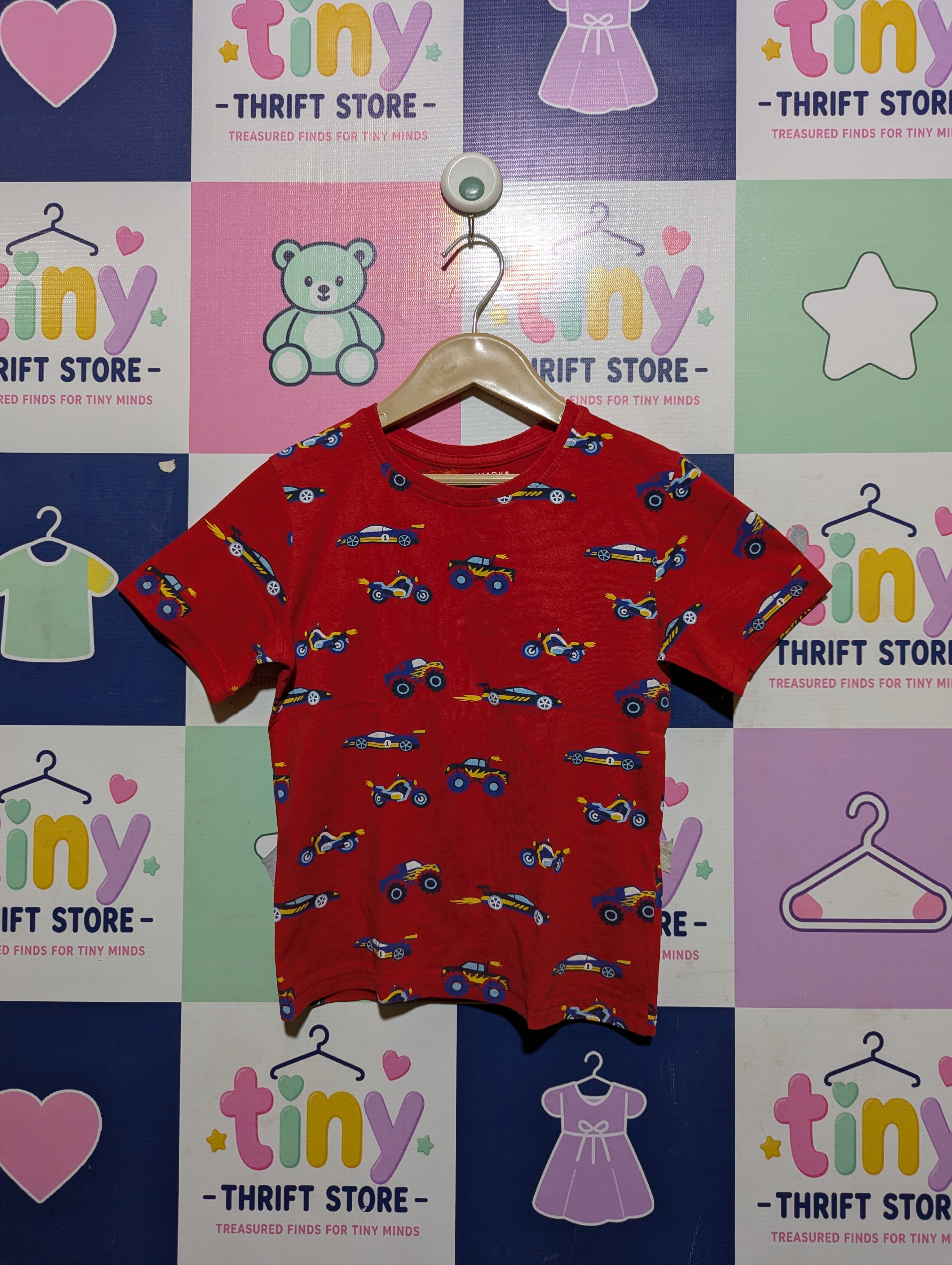 Primark Boys Red "Racing Car & Monster Truck" Graphic Tee - Size 116 CM (Estimated Age 5-6 Years) AB2