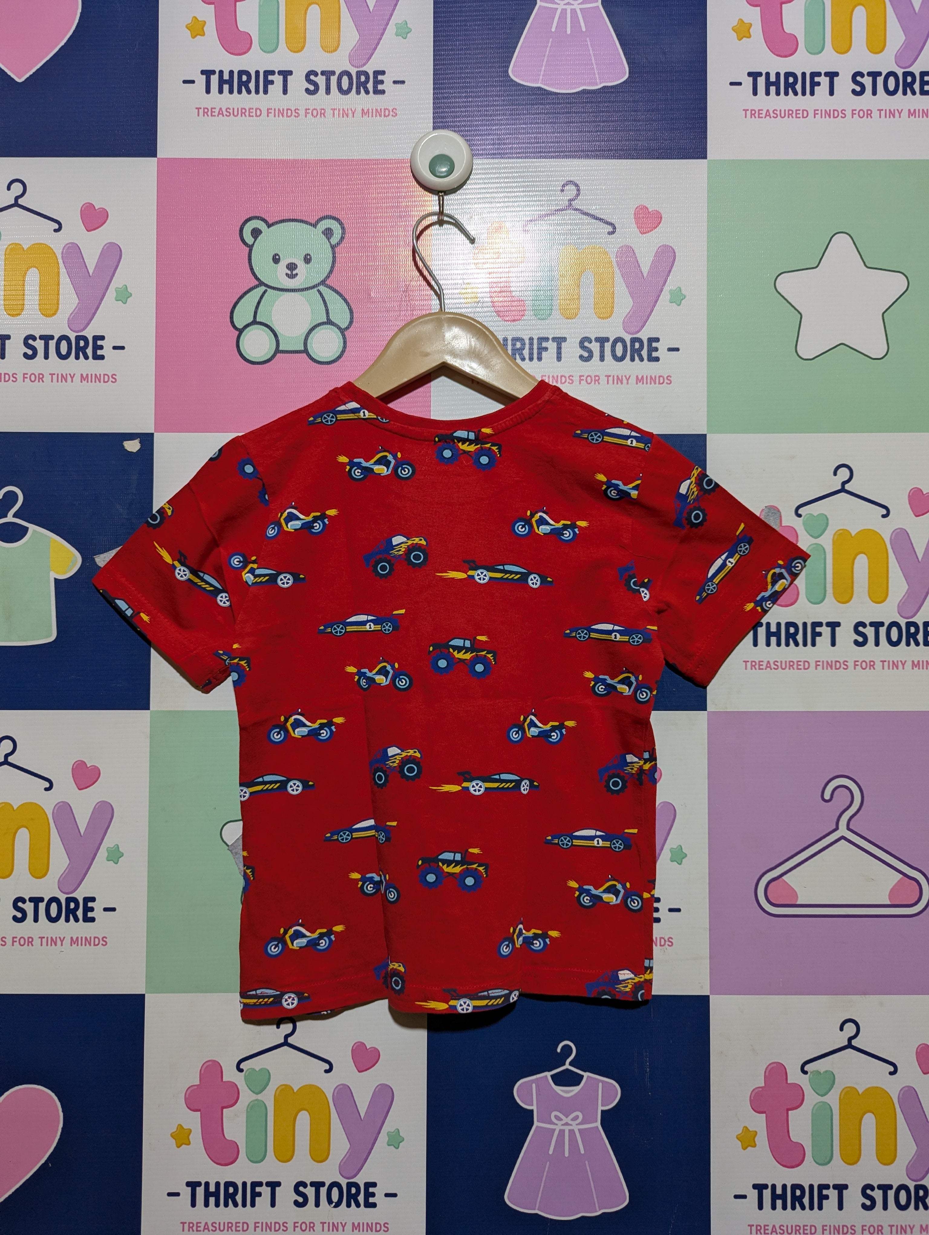 Primark Boys Red "Racing Car & Monster Truck" Graphic Tee - Size 116 CM (Estimated Age 5-6 Years) AB2