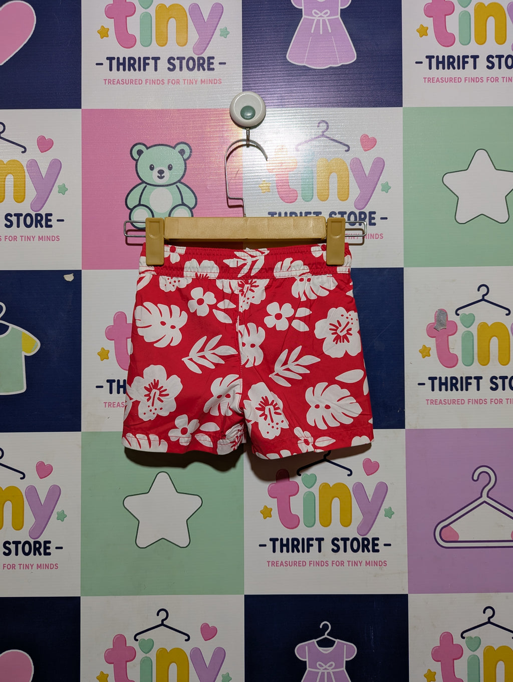 Cat & Jack Boys Red & White Tropical Floral Swim Trunks - Size Estimated Age 3T AB2