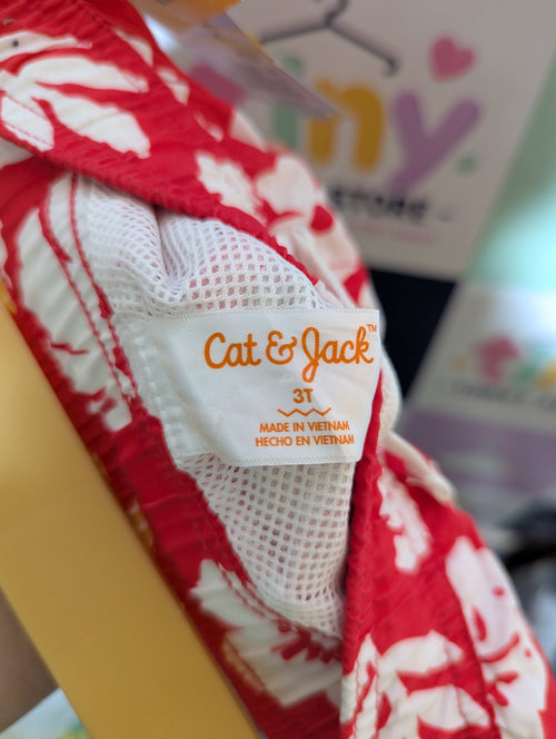 Cat & Jack Boys Red & White Tropical Floral Swim Trunks - Size Estimated Age 3T AB2