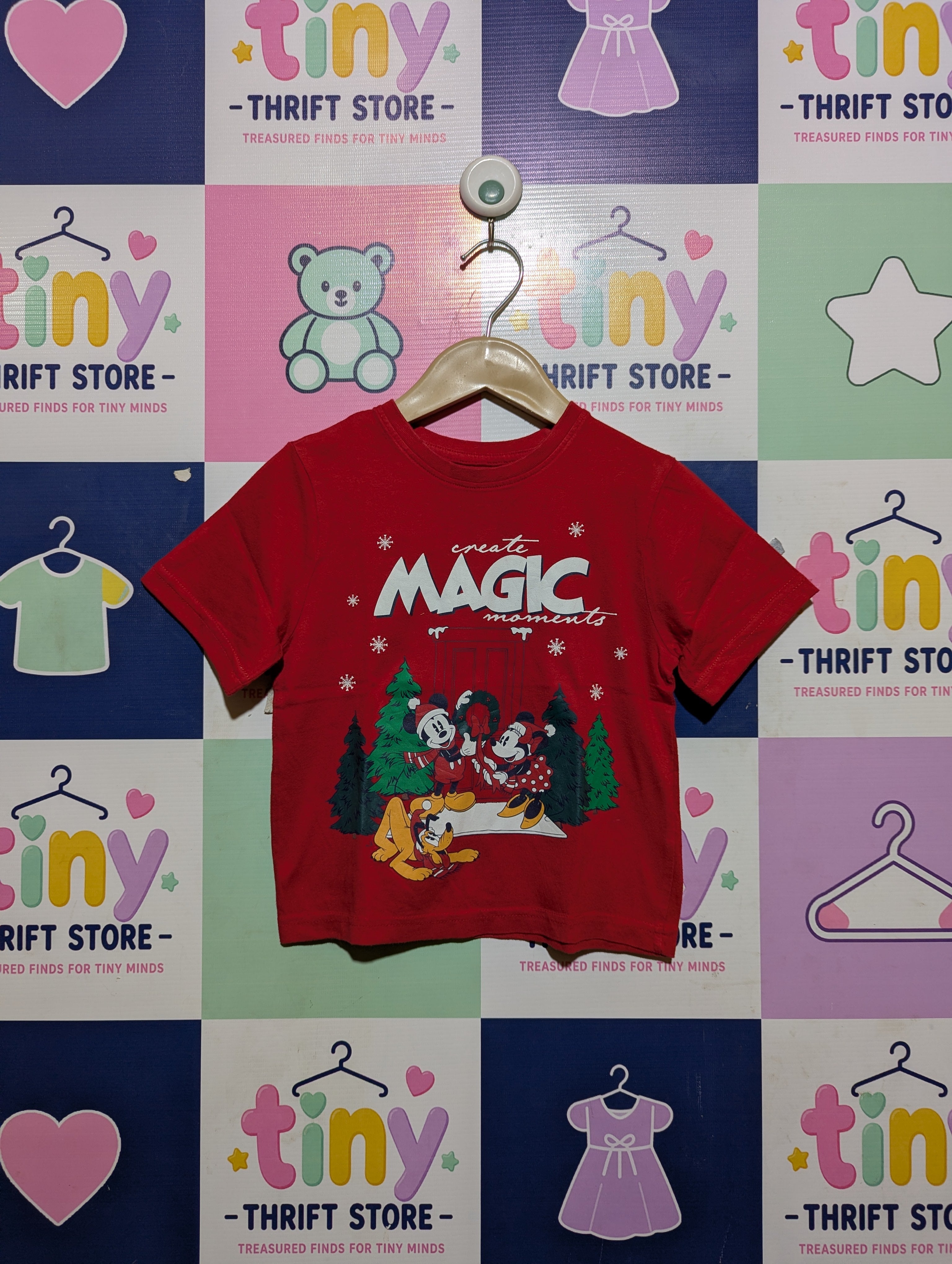 Disney Mickey & Friends at Primark Boys Red "Create Magic Moments" Holiday Tee - Size Estimated Age 3-4 Years AB2