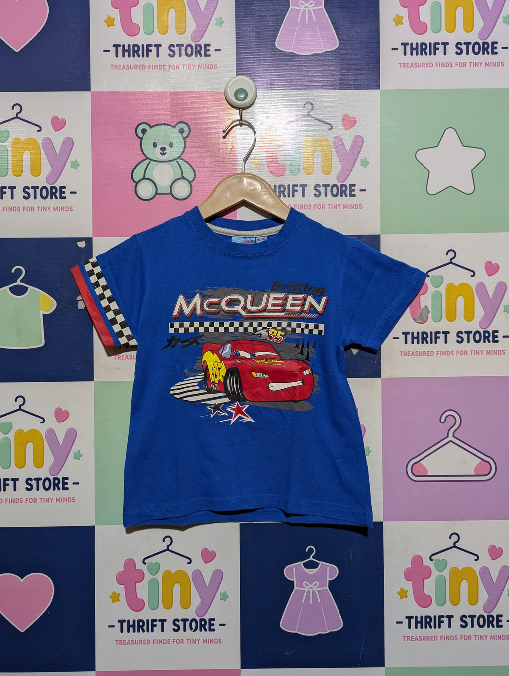 Disney Pixar Cars Boys Royal Blue "Lightning McQueen Drifting" Graphic Tee - Size Estimated Age 3-4 Years AB2