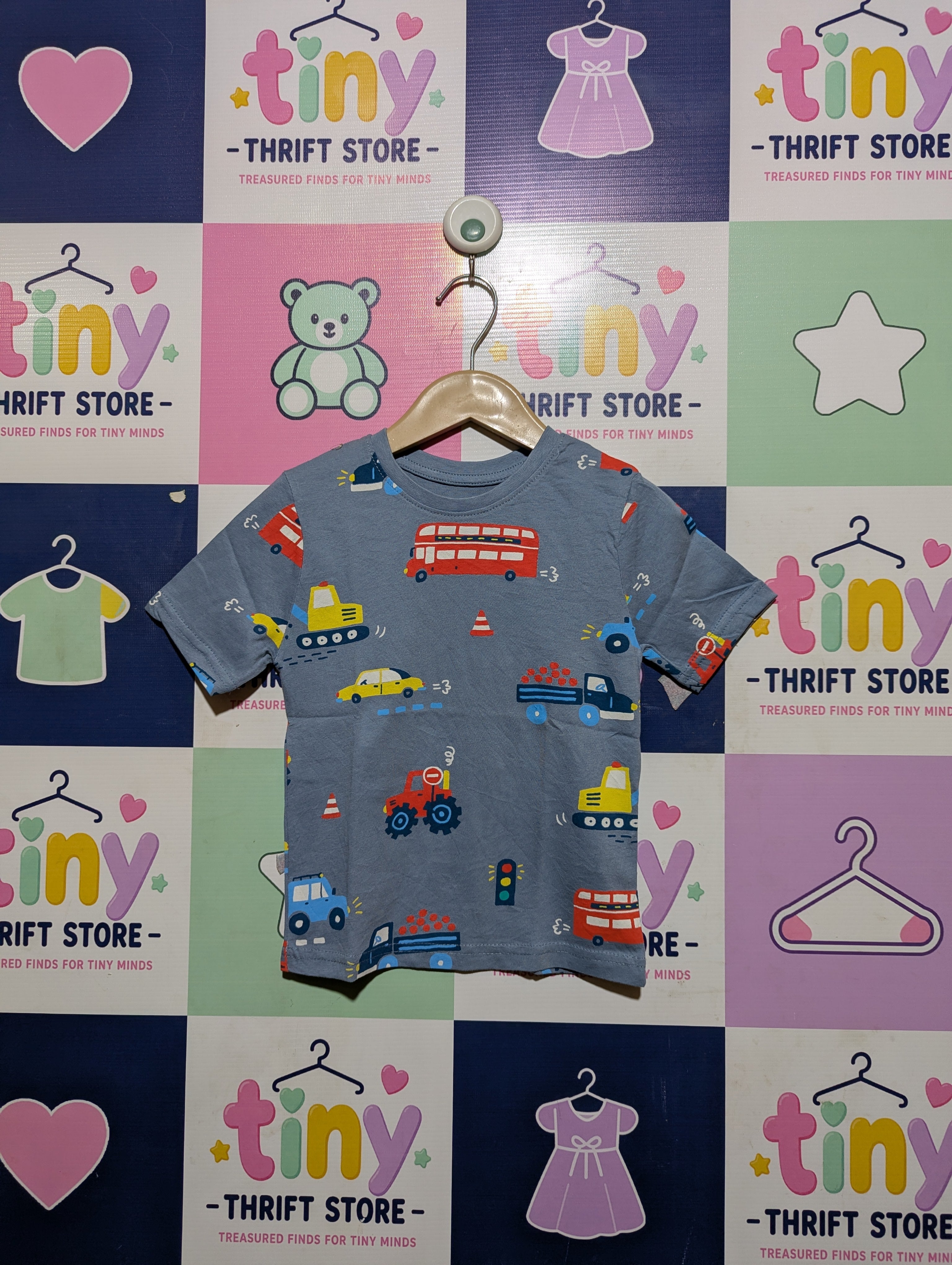 Primark Cares Boys Slate Blue "Traffic & Vehicles All-Over Print" Tee - Size Estimated Age 2-3 Years AB2