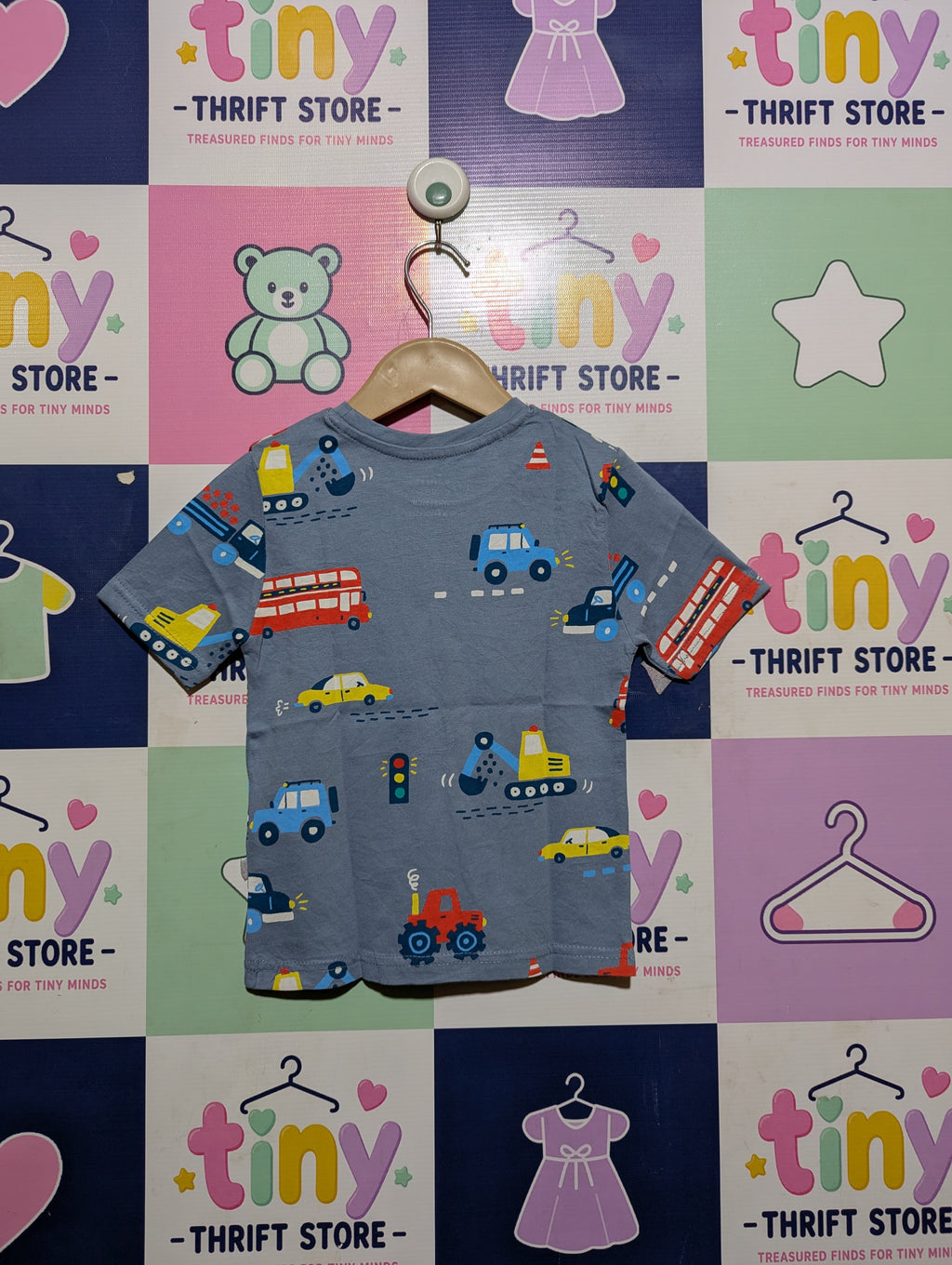 Primark Cares Boys Slate Blue "Traffic & Vehicles All-Over Print" Tee - Size Estimated Age 2-3 Years AB2