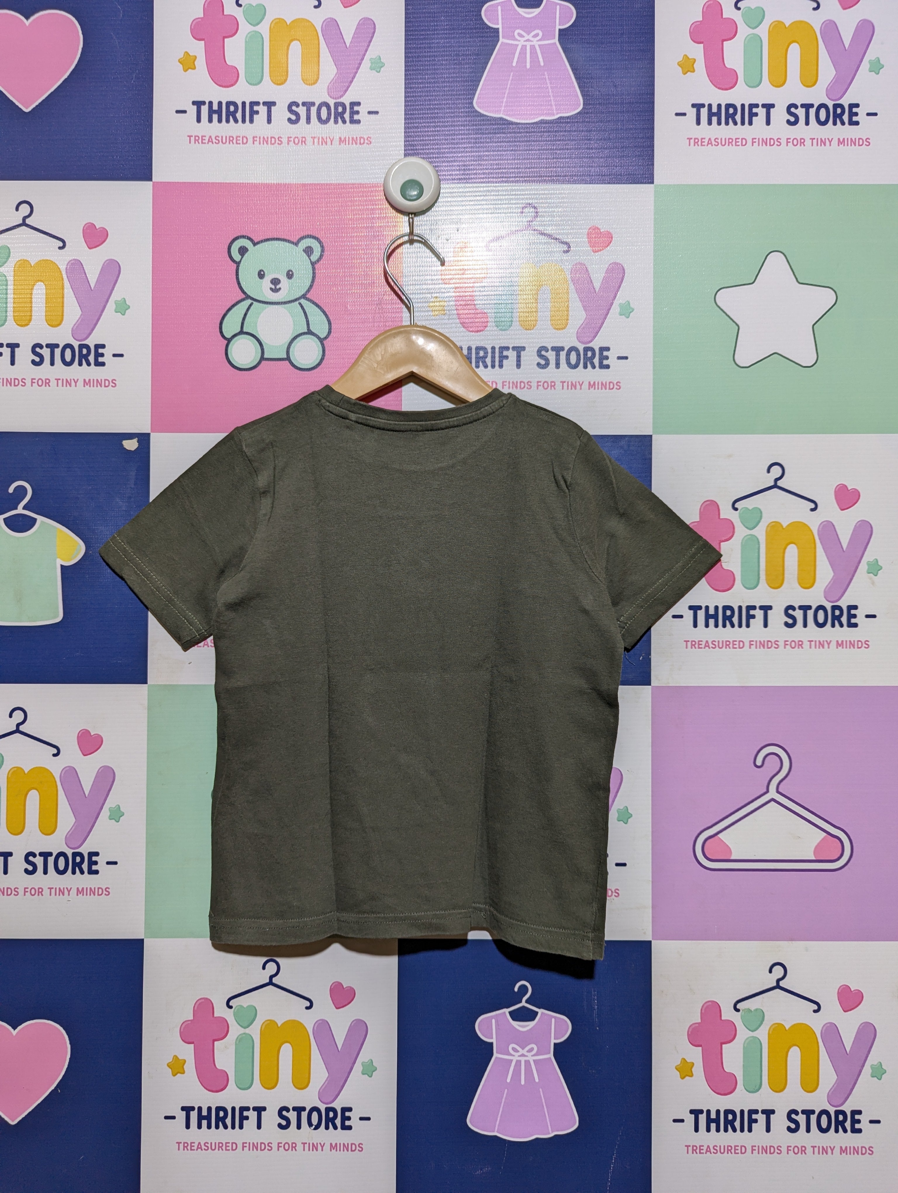 Tu Boys Khaki Green "Neon Grid Skull" Graphic Tee - Size Estimated Age 4 Years AB2