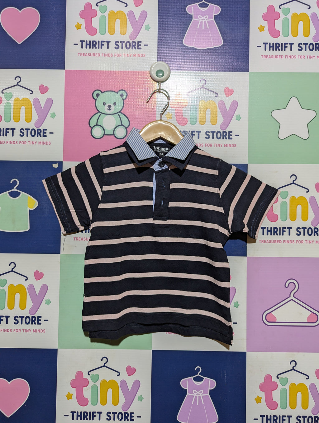 T-Traxx Boys Navy Blue and Light Pink Striped Polo Shirt - Size Estimated Age 4 Years AB2