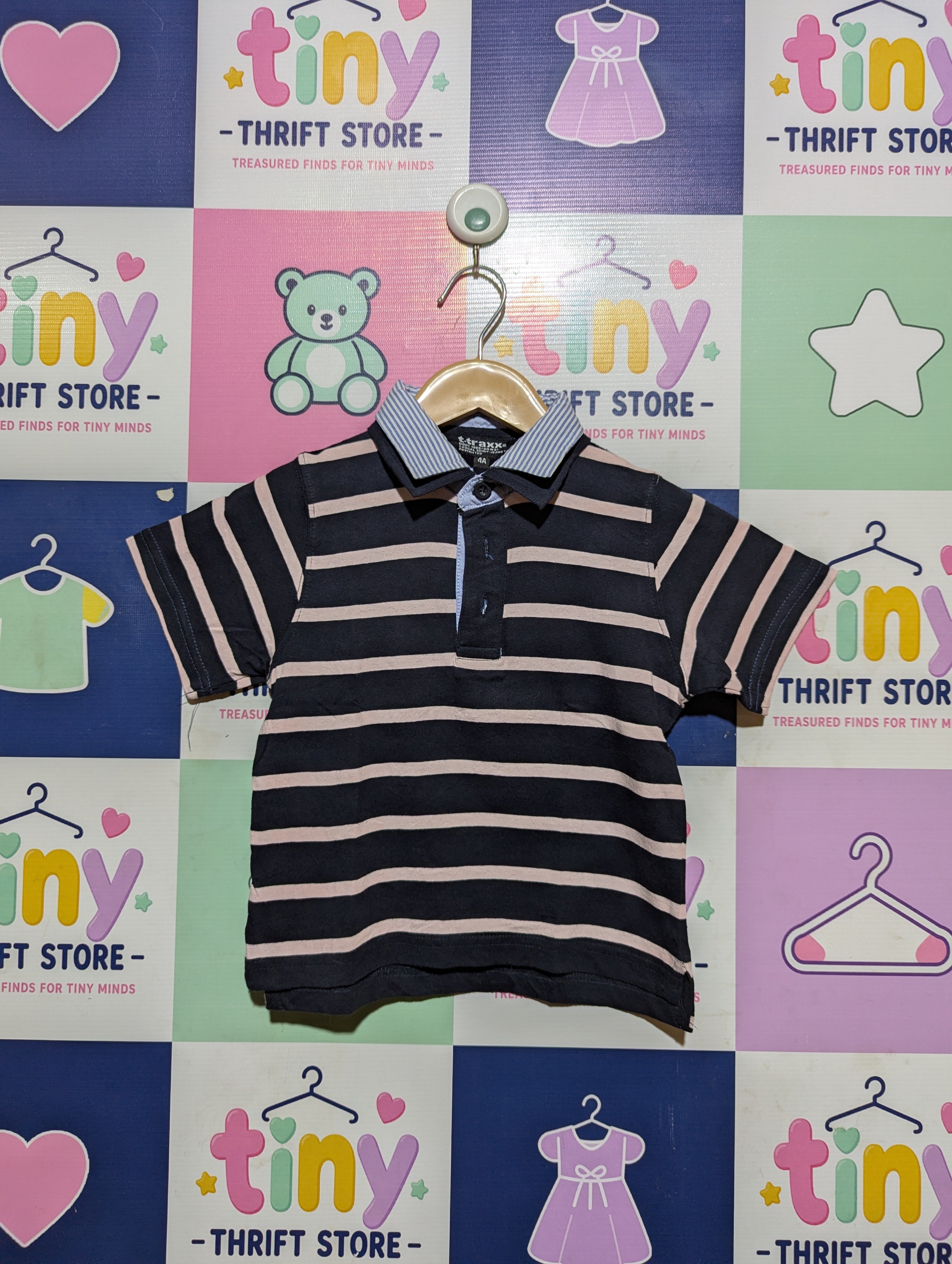 T-Traxx Boys Navy Blue and Light Pink Striped Polo Shirt - Size Estimated Age 4 Years AB2